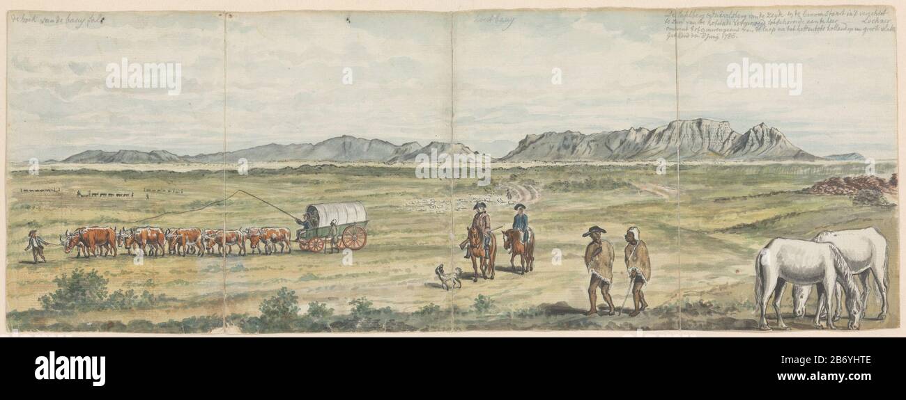 Khoikhoi en kolonisten op Kaapse vlakte twee Khoikhoi worden samen met een vrijburger en zijn slaaf getoond op een Kaapse vlakte, met de achtergrond een ossewagen en de Tafelberg. Hersteller : Zeichner: Jan BrandsPlaats Herstellung: West-Kaap (mogelijk) dating: 8-jun-1786 Physische Kenmerken: Penseel in Kleuren über Grafietlichem Material: Papier Waterverf grafiet Techniek: Penseel Abmessungen: H 192 mm × b 529 mmOnderwerp Stockfoto
