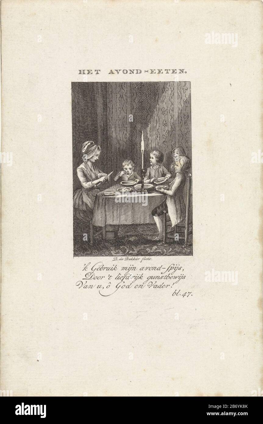 Kinder en kindmeisje gebruiken avondmaaltijd Het avond-eeten (titel op object) Kinderplagt en zinnebeelden 2 (serietitel) Kinder und Nannen nutzten Abendmahlzeiten. Die Umschrift ist ein Zitat aus Kinderpflügt und Emblemen (Blatt 47) . Hersteller : Druckmaschine: Barent de Bakker (auf dem Objekt angegeben) zur Zeichnung von: Barent de Bakker Herausgeber: Willem van Vliet Datum: 1789 Physikalische Merkmale: Ätz- und Engra-Material: Papiertechnik: Ätzung / Engra (Druckverfahren) Abmessungen: Blatt: H 178 mm × W 117 mmToelichtingPrent out: Hazeu, Johannes Cornelisz, Agt Kunstplatten, die zu t gehören Stockfoto