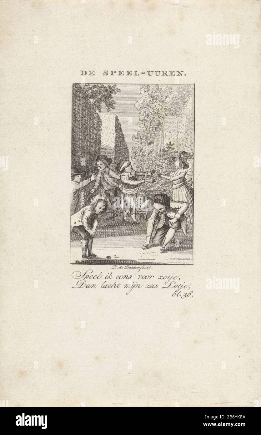 Kinder knikkeren en spelen blindemannetje De speel-uuren (titel op object) Kinderplagt en zinnebeelden 2 (serietitel) Kinder marmorieren und blinden Mann spielen. Die Umschrift ist ein Zitat aus Kinderpflügt und Emblemen (Blatt 36) . Hersteller : Druckmaschine: Barent de Bakker (auf dem Objekt angegeben) zur Zeichnung von: Barent de Bakker Herausgeber: Willem van Vliet Datum: 1789 Physikalische Merkmale: Ätz- und Engra-Material: Papiertechnik: Ätzung / Engra-Abmessungen (Druckverfahren) Abmessungen: Blatt: H 175 mm × W 115 mmToelichtingMiete: Hazeu, Johannes Cornelisz, Agt-Kunstplatten, die zum Chi gehören Stockfoto