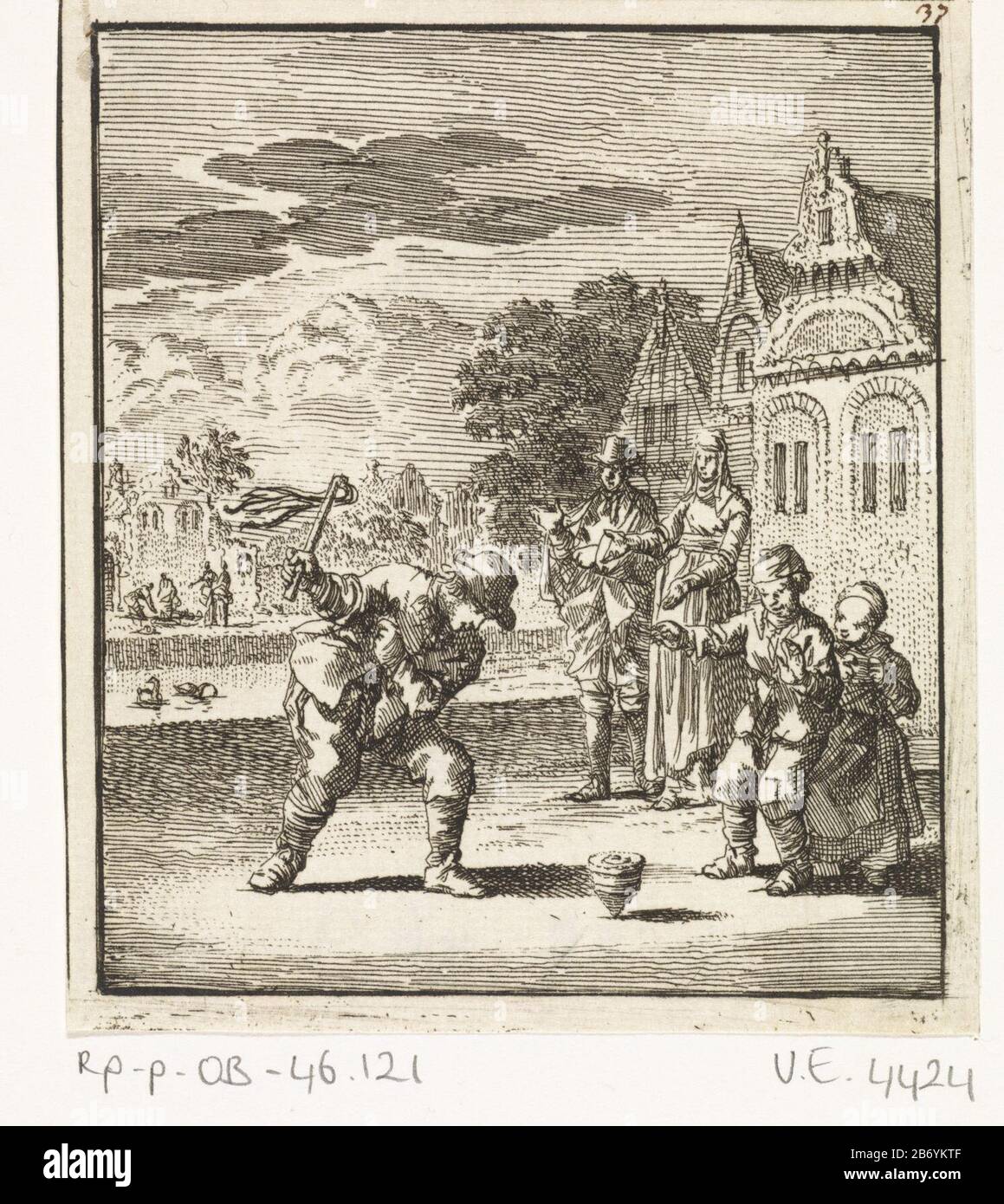 Kind spelend met een tol De Dryftol Kinder, die mit einem rotierenden Dryftol Objekttyp spielen: Bild-Artikelnummer: RP-P-ob-46.121Katalogogusreferenze: Van Eeghen 4424-1 (2) Markierungen / Marken: Sammlermarke, Verso, gestempelt: Lugt 2228er, recto, Handschrift in brauner Tinte Autor: Jan 37 'Lutprinter Hersteller: Jan' Zacharias Chatelain (II) Herstellung: Amsterdam Datum: 1712 Physische Merkmale: Radierung; Proofing Material: Papiertechnik: Ätzmaße: Blatt: H 97 mm × W 86 mmToelichtingProefduk Illustration aus: Luyken, Jan Von man Anfang, Mitte und Ende Amsterdam Stockfoto