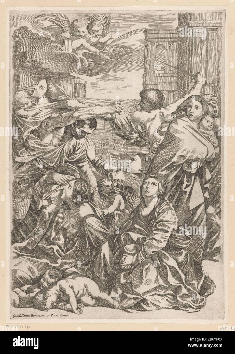 Kindermoord te Betlehem Wanhopige Moeders proberen hun kinderen te bechermen tegen de soldaten van Herodes. OP de achtergrond gebouwen. Linksboven twee putti met bossen palmtakken op wolken. Hersteller : Prentmacher: Anoniemnaar schilderij van: Guido Reni (vermeld op object)Plaats Herstellung: Prentmacher: Italiënaar schilderij van: Bologna dating: 1585 - 1692 Physikalische Kenmerken: ETS met Plaattoon-Material: Papierer Techniek: Etsen / Plaattoon Abmessungen: Plaatrand: H 365 mm × 254 b das Unschuldige Massaker Manchmal schaut Herodes weiter Stockfoto