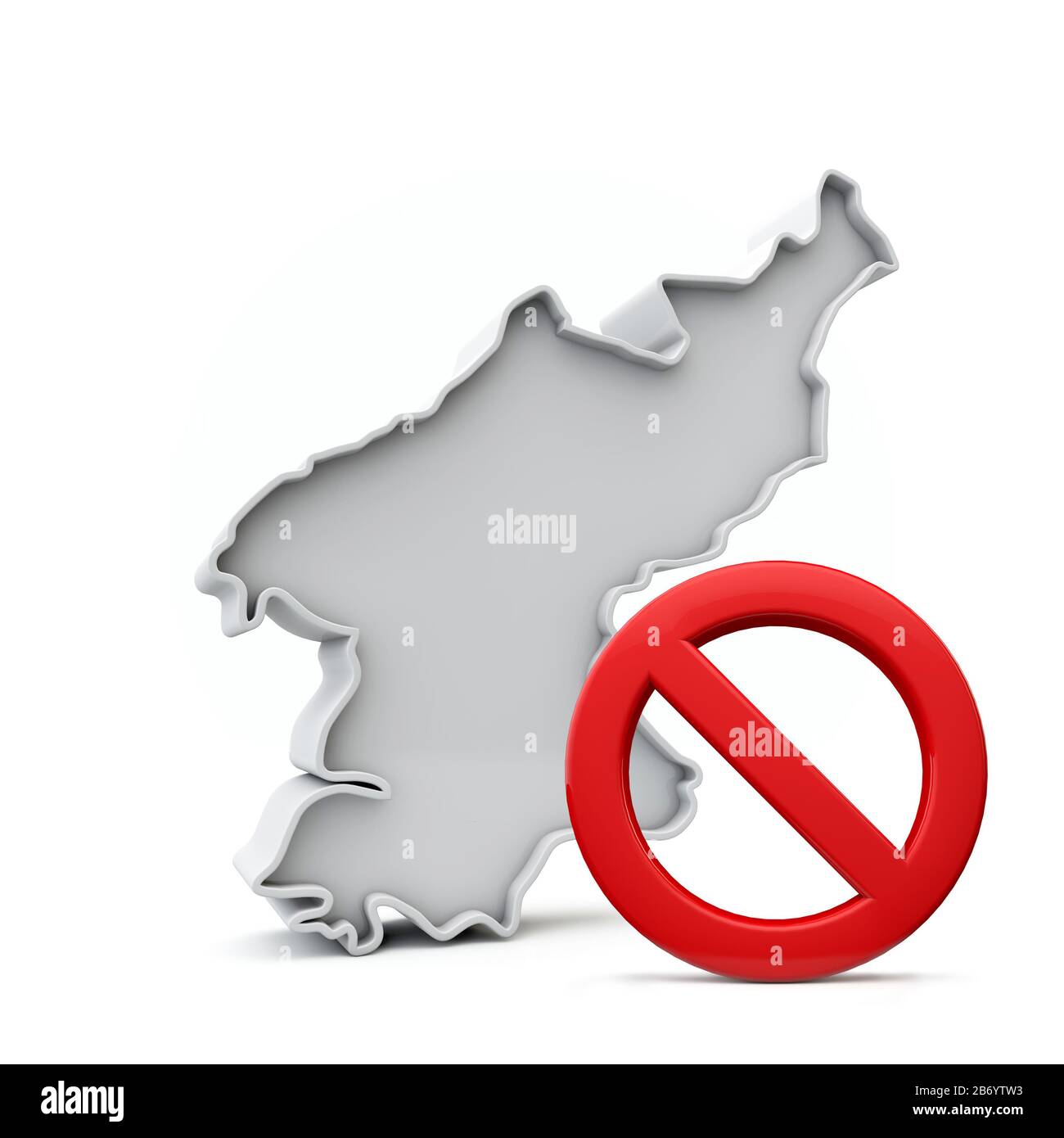 Nordkorea-Karte mit rotem Warnschild ohne Eintrag. 3D-Rendering Stockfoto