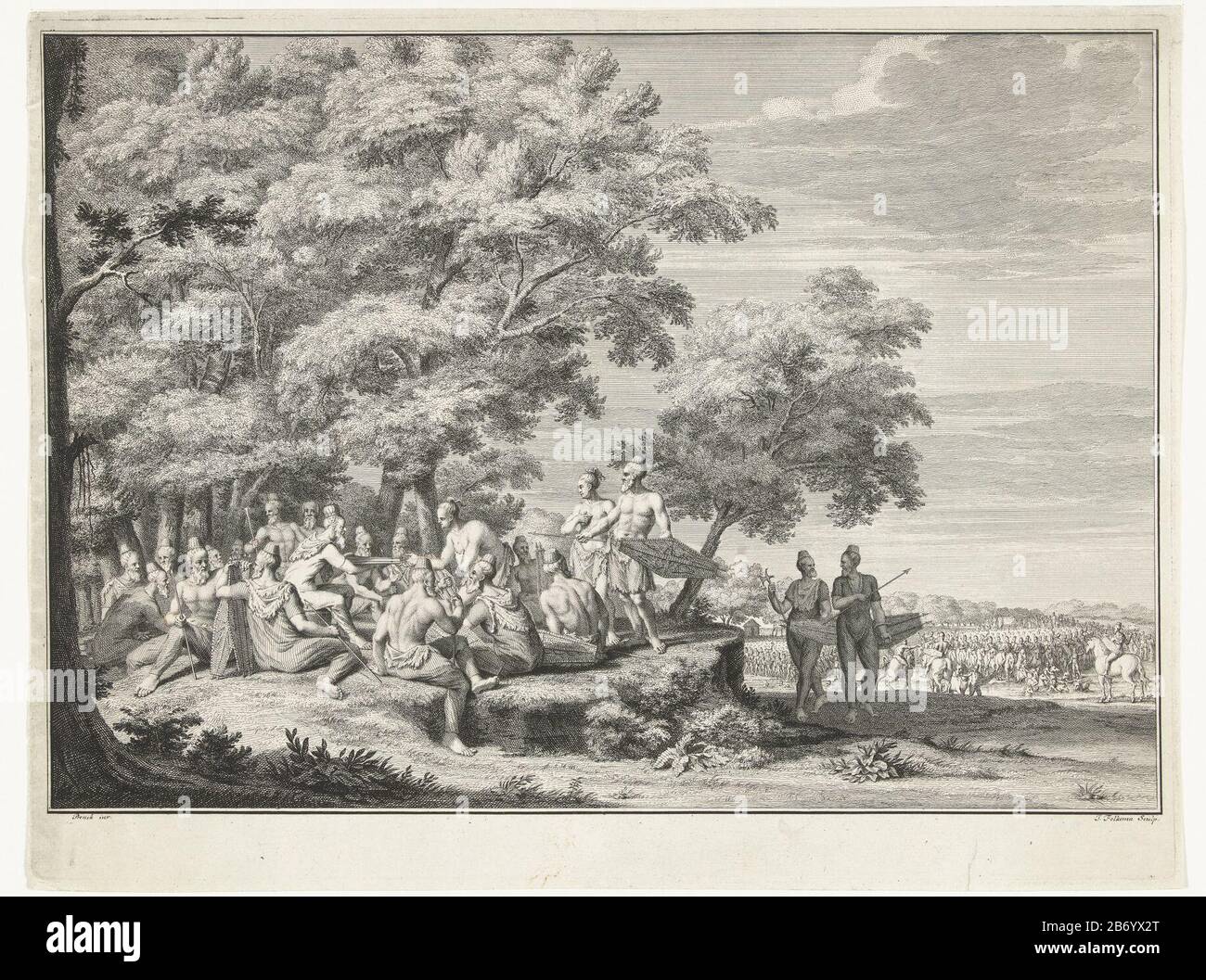 Kleding en wapenuitrosting van de Bataven Bekleidung und Rüstung der Batavians Objekttyp: Bild Artikelnummer: RP-P-ob-52.031Katalogogusreferendar: Sammlung Rijksmuseum 1 (2) Hinweis: Zwei Zustände, wo: Unter einem Prüfdruck in der Sammlung des Rijksmuseum Beschreibung: Beim Zusammentreffen bewaffneter Batavianer strömt der Hintergrund einen Fluss hinter Truppen bewaffneter Soldaten zu Pferd staan hoch. Hersteller : der von Cornelis Pronk (denkmalgeschütztes Gebäude) Entworfene Druckerhersteller Jacob Folkema (denkmalgeschütztes Gebäude) Vom 1702. 1767. Physikalische Merkmale: Radierung; Proofing-Material: Papiertechnik: Ätzmaße: PLA Stockfoto