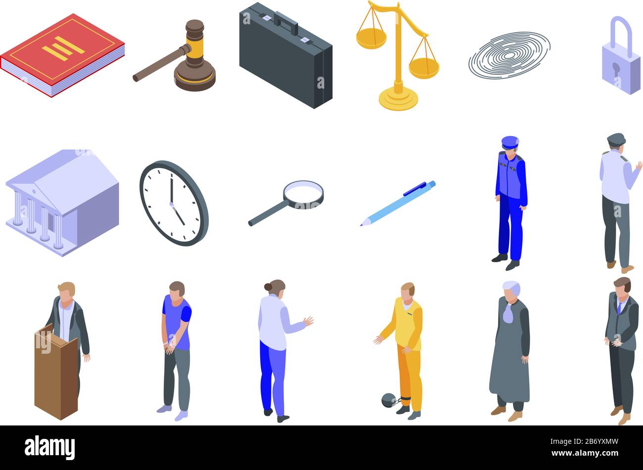 Staatsanwältsymbole festgelegt, isometrischer Stil Stock Vektor