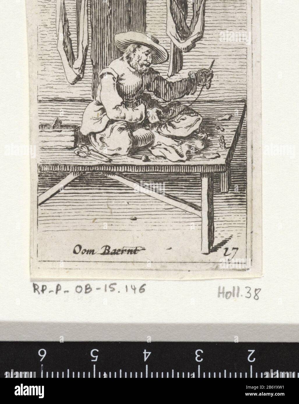Kleermacher Oom Baernt (titel op object) Genretaferelen (serietitel) KleermakerOom Baernt (title object) Genre Scenes (serietitel) Property Type: Print Serial Number: 17 / 32Objectnummer: RP-P-ob-15.146Catalogusreferentie: Hollstein Dutch 38-3 (3) sitzend auf einem Tisch (Onkel Baernt). Hinter ihm hängende Stoffstücke. Der Druck ist Teil einer Serie von 32 Drucken mit genretaferelen. Hersteller: Druckmaschine: Gillis Scheyndel (I) Herausgeber: Friedrich der WitPlaats Herstellung: Druckmaschine: Niederlande Herausgeber: Amsterdam Datum: 1630 - 1706 Physische Merkmale: Etch Stockfoto