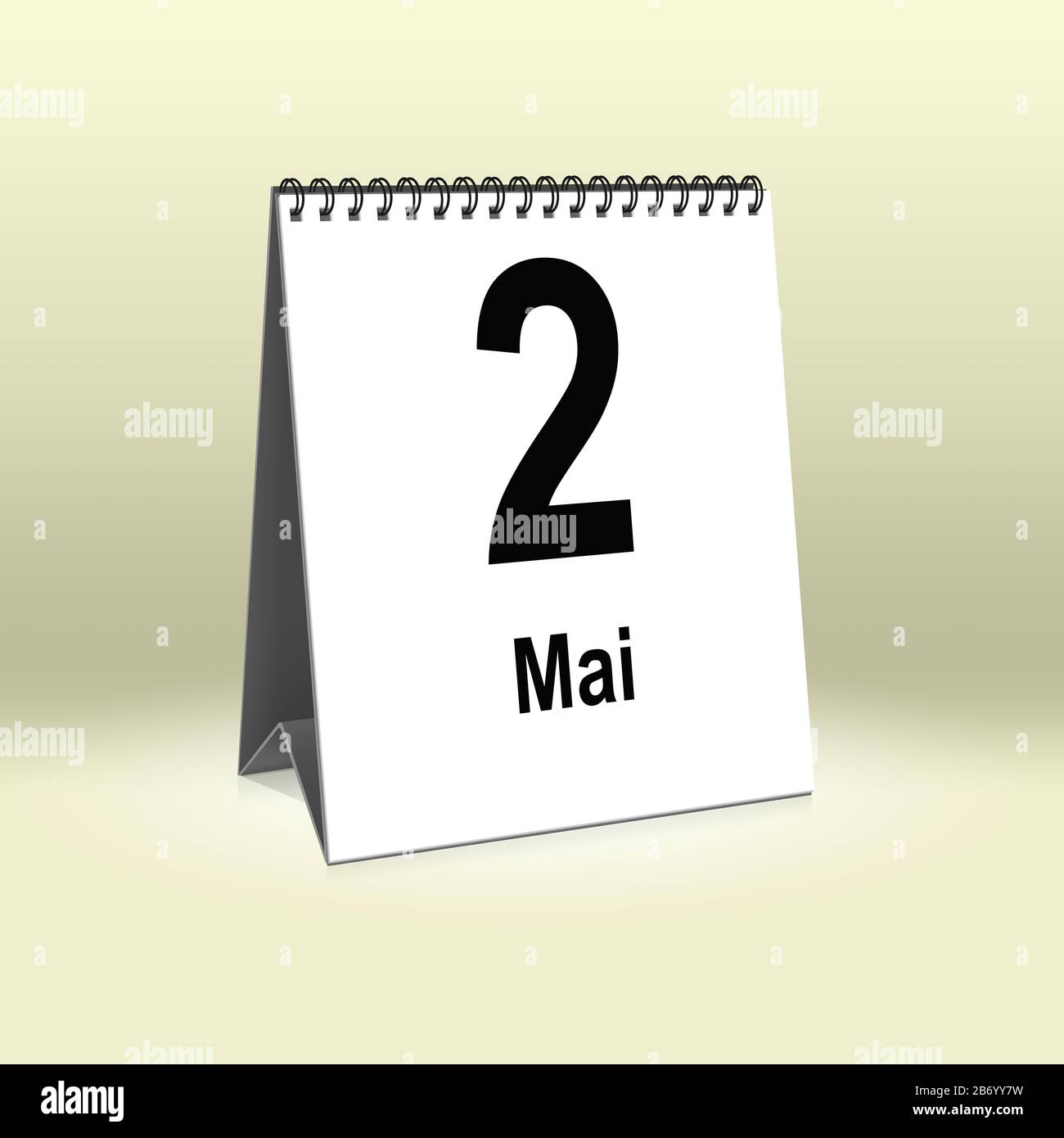 Ein Kalender in deutscher Sprache zeigt den 2. Mai. Mai Stockfotografie