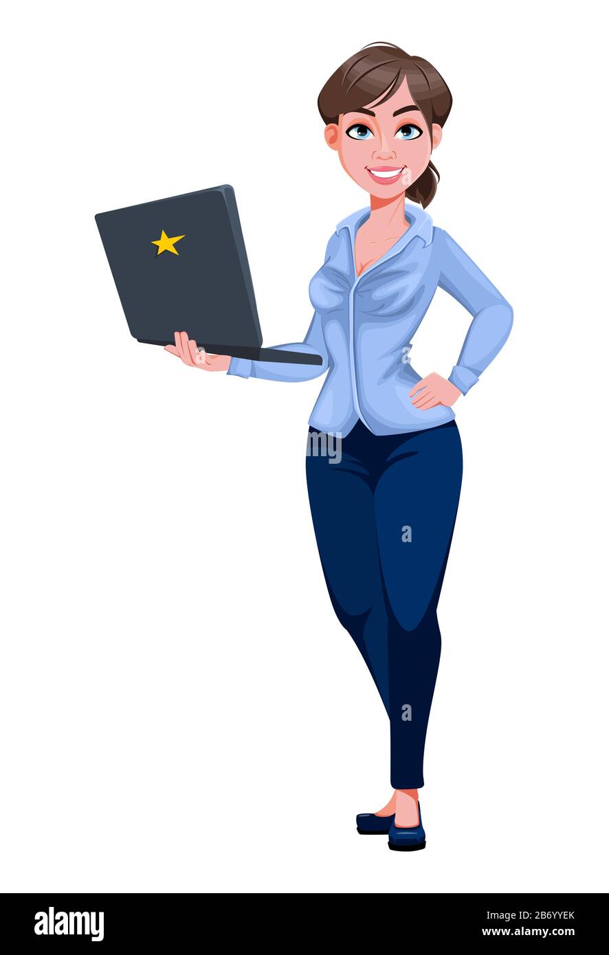 Junge schöne Geschäftsfrau Cartoon-Charakter hält Laptop. Hübsche Geschäftsfrau. Vektorgrafiken auf weißem Hintergrund Stock Vektor