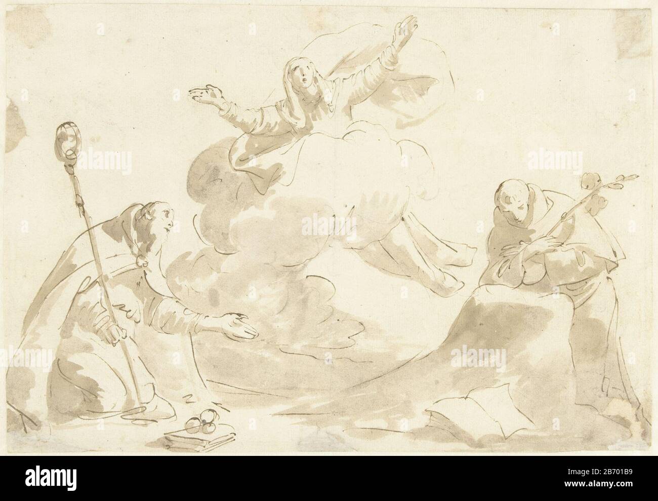 Knielende heiligen Nicolaas en Dominicus bij een ten hemel varende Maria Draft schilderij. Hersteller : Zeichner Giovanni Battista Tiepolo Dating: 1706 - 1770 Physikalische Merkmale: Skizze in schwarzer Kreide, Stift und Bürste in braunem Material: Papierkreidetechnologie: Stift-/Pinselmaße: H 182 mm × W 265 mm Subjekt Dominic (US) Guzman oder Calerueja, Gründer des Predigerordens (oder Dominikanische (schwarze) Brüder; mögliche Attribute: Buch, Hund mit flammender Fackel, Lilie, Brotlaib, Rosenkochen, StarThe Bishop Nicholas oder Myra (oder Bari), mögliche Attribute: Anker, Boot, drei goldene Kugeln (auf einem Bo Stockfoto