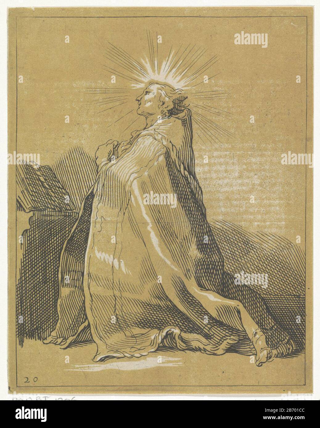 Knielende heilige im Bett Unten Links '20'. Hersteller: Druckmaschine: Frederick Bloemaert zur Gestaltung: Abraham Bloemaert Herausgeber: Reinier Ottens (I) & JosuaPlaats Herstellung: Druckmaschine: Utrechter Verleger: Amsterdam Datum: 1740/441 Physikalische Merkmale: Radierung in schwarz und chiaroscuro in braun; gedruckt auf einer Kupferplatte, und ein Holztonblock Material: Papiertechnik: Radierung / Chiaroscuro-Block: Abmessungen: Holzplatte: Abmessungen: 190 mm × H 150 b mmToelichtingMiete von: Bloemaert, Abraham. Oorspronkelyk und renommiertes Konstryk-Skizzenbuch. Amsterdam: Reinier & Josua Ottens, 1740. Stockfoto