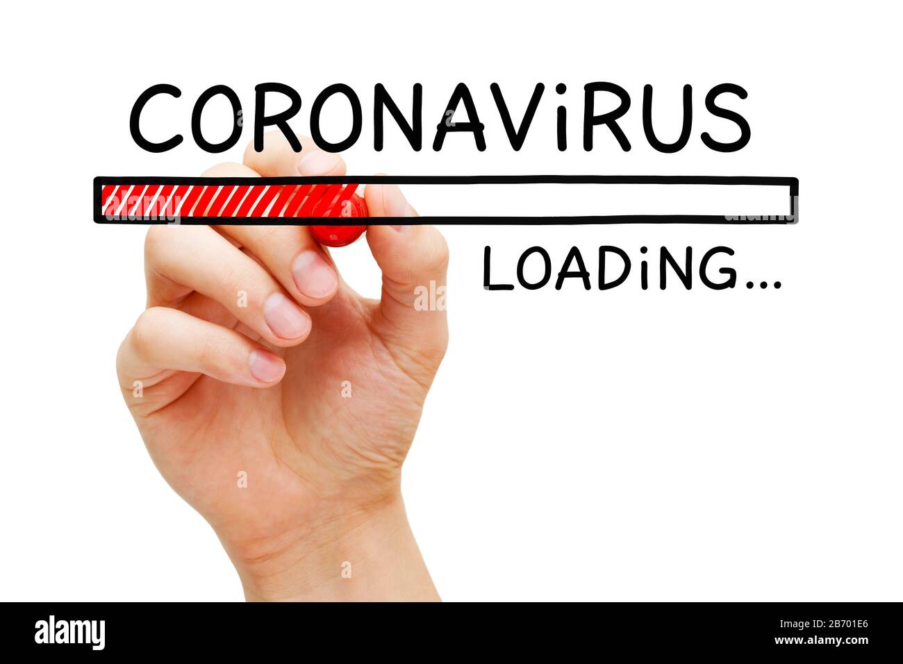 Handzeichnung Coronavirus Covid-19 Pandemie-Ausbruch Ladebalken Konzept mit Markierung auf transparentem Wischbrett. Stockfoto