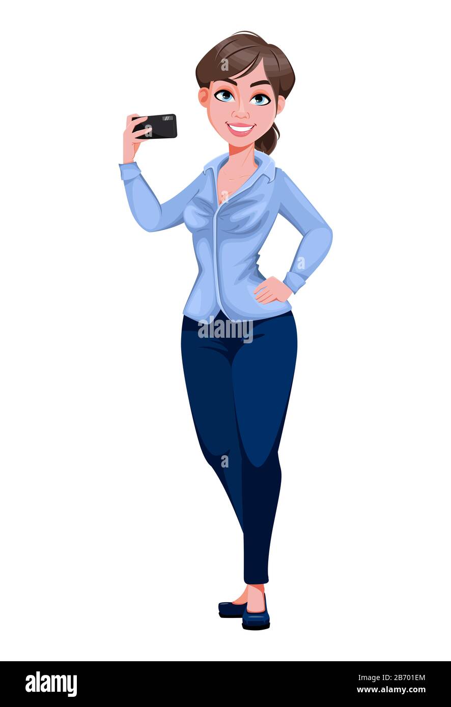 Junge schöne Geschäftsfrau Cartoon-Charakter hält Smartphone. Hübsche Geschäftsfrau. Vektorgrafiken auf weißem Hintergrund Stock Vektor