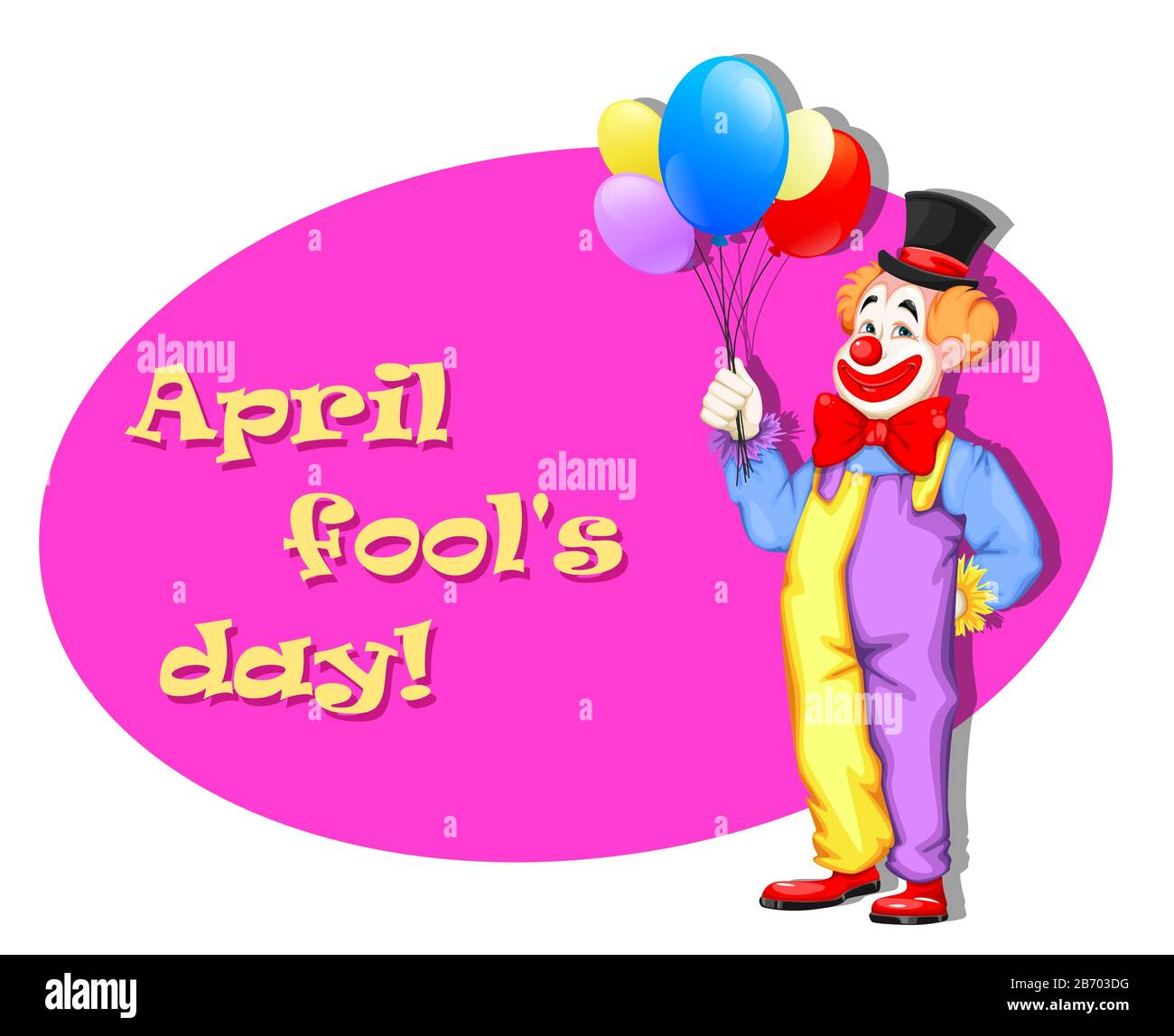 April Fool's Day Grußkarte. Lustiger Clown mit Ballons. Verwendbar für den Circus Day. Fröhliche Zeichentrickfigur. Bestandsvektor Stock Vektor