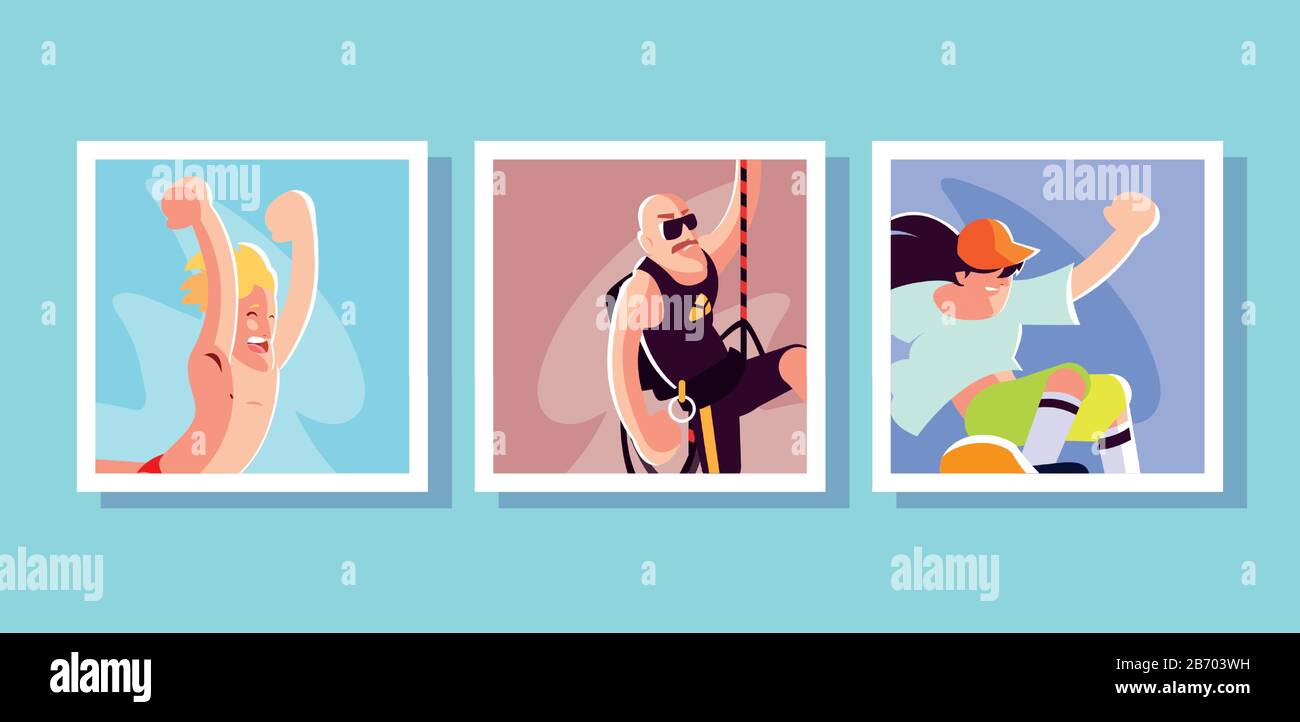 Kartenset Menschen in Sportaktivitäten Vektorgrafiken Stock Vektor
