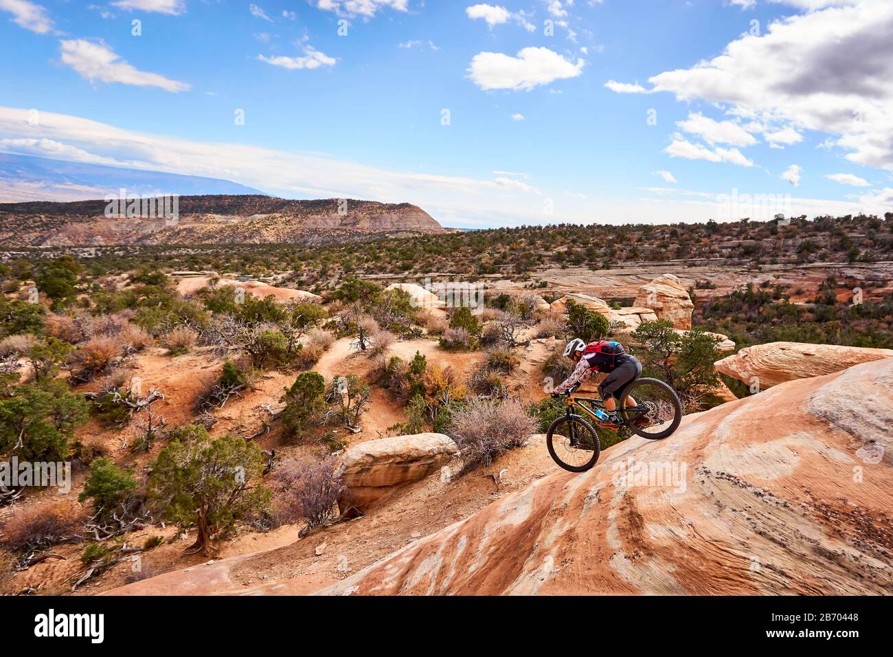 Ein Mann, der mit dem Mountainbike in der Wüste von Colorado unterwegs ist. Stockfoto