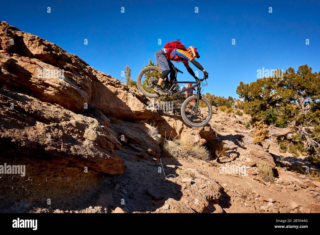Ein Mountainbiker springt auf dem Trail einen kleinen Klippenabfall. Stockfoto