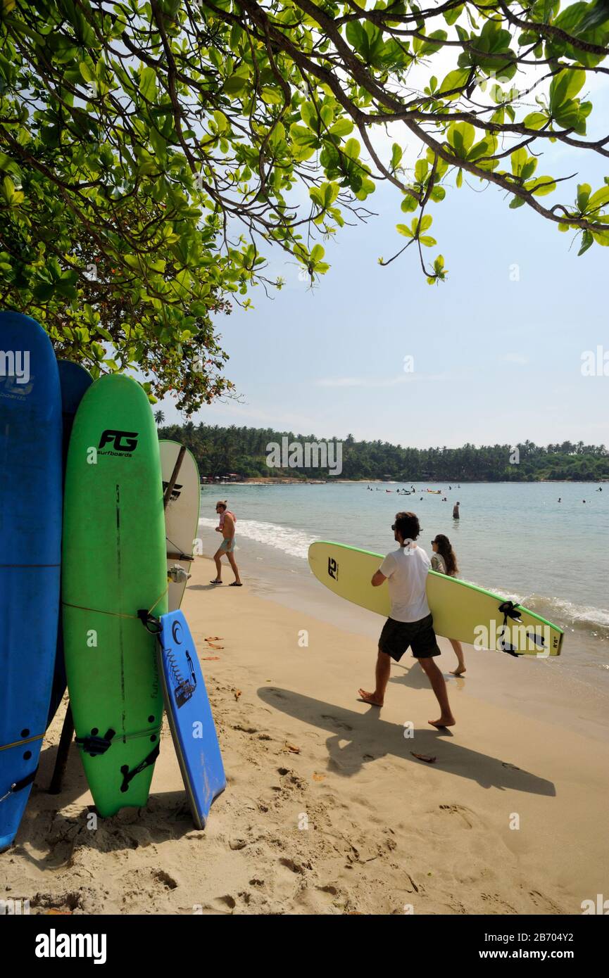 Sri Lanka, Strand von Hiriketiya, Surfverleih Stockfoto