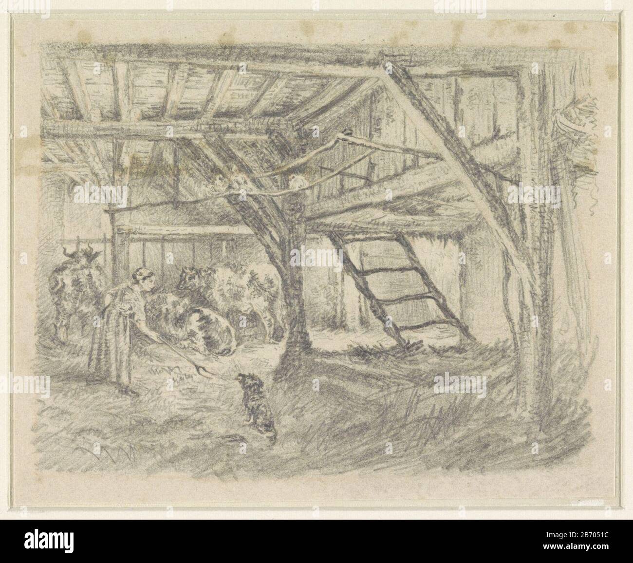 Koestal Draft Prent. Hersteller : Künstler: Jan Stobbaerts dating: 1860 Körperliche Merkmale: Bleistift, rotes Kreidematerial: Bleistift Kreidemaße: H 104 mm × W 131 mm Betreff: Stall, stabil Stockfoto
