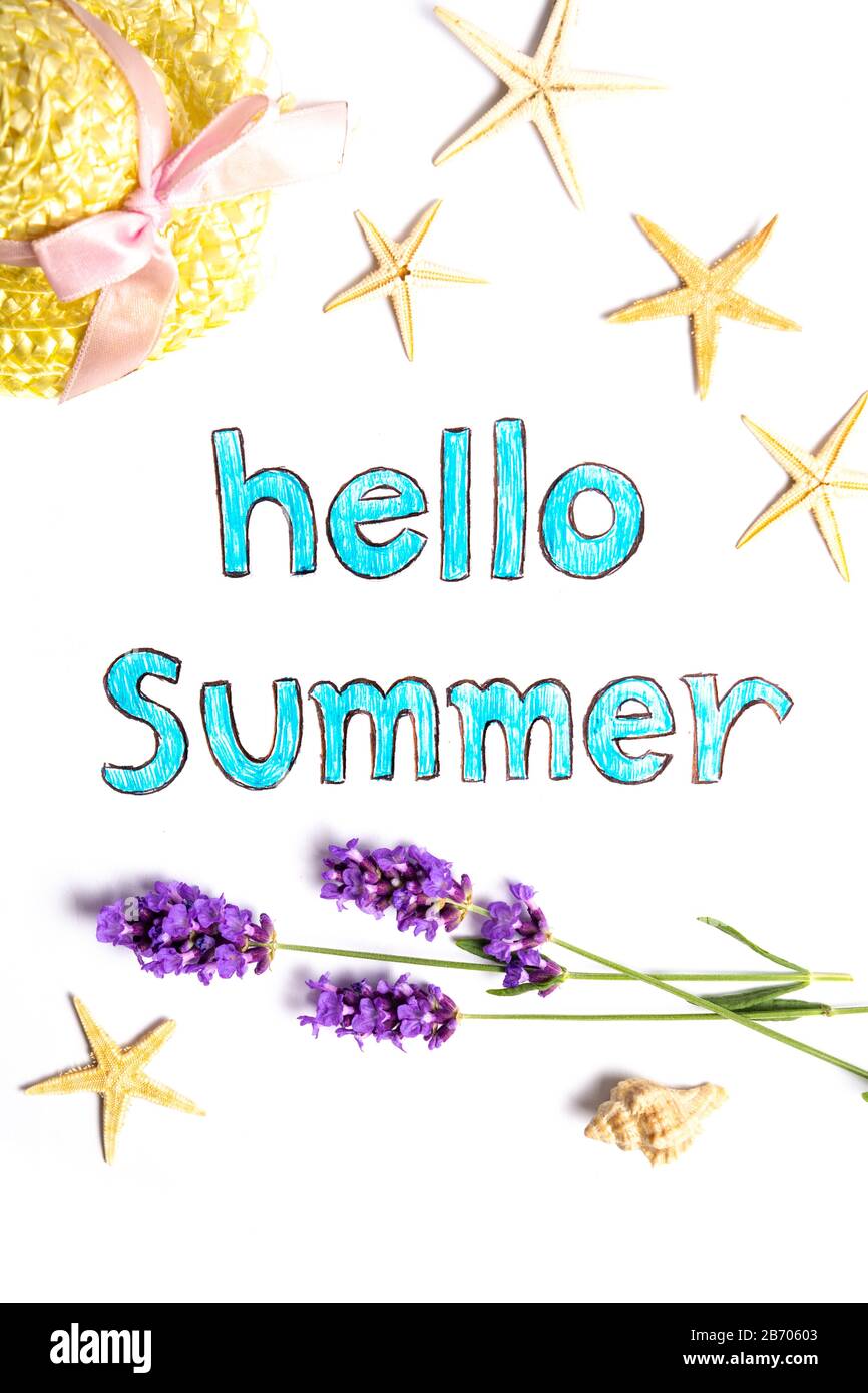 Sommerlicher Hintergrund mit Lavendelblume und anderen Symbolen auf Weiß Stockfoto