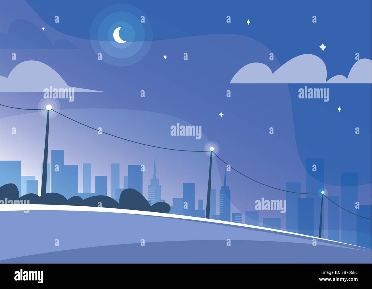 Niedliche Landschaft der Stadt, Stadtbild bei Nacht Vektorgrafiken Stock Vektor
