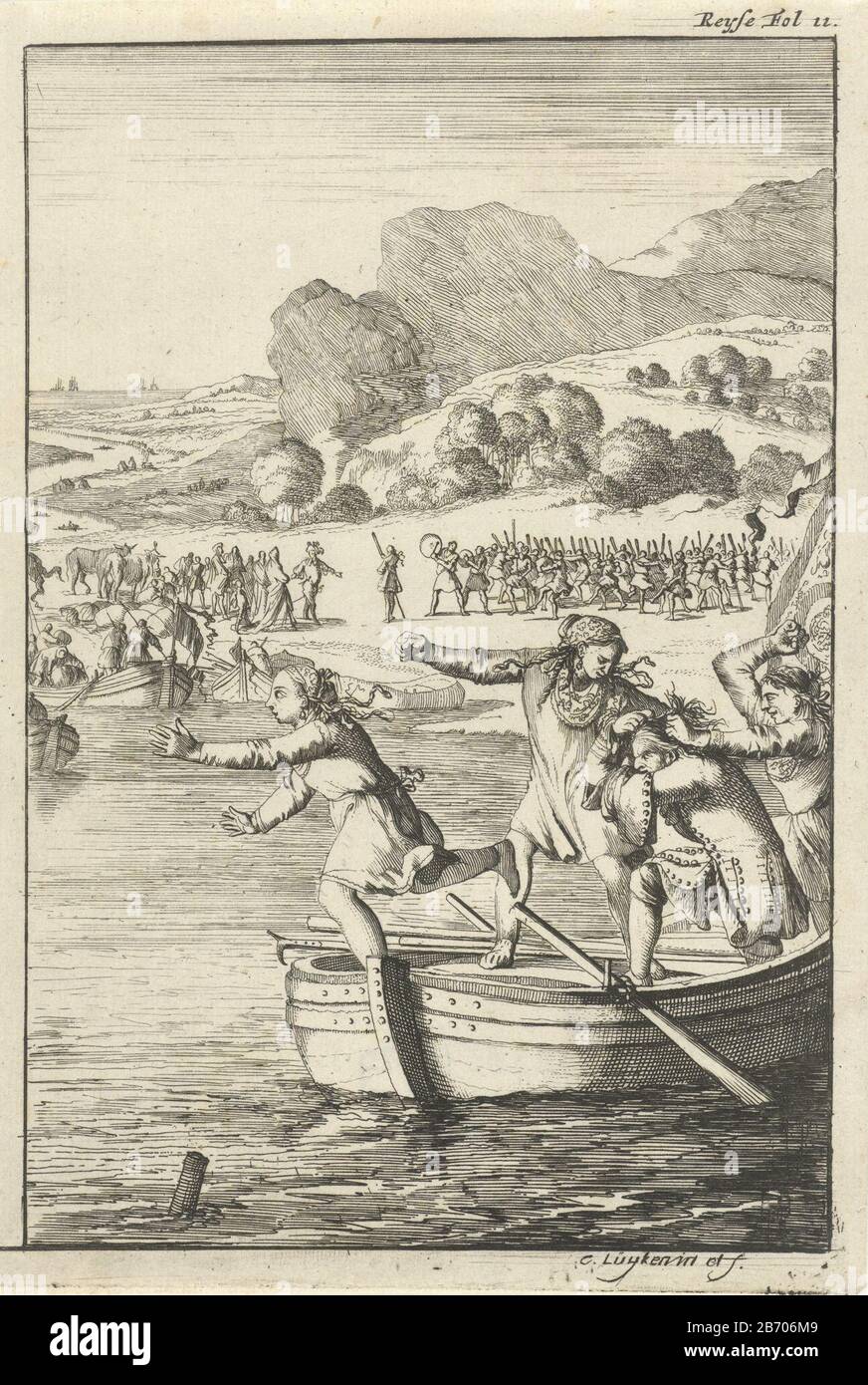 Kok van Marie-Catherine d'Aulnoy ruziet op een roeiboot met enkele meisjes uit Biskaje print rechts beschriftet: Reyse Fol II Hersteller: Druckmaschine: Caspar Luyken (denkmalgeschütztes Gebäude) in seinem Entwurf: Caspar Luyken (denkmalgeschütztes Gebäude) Herausgeber: Willem BroedeletPlaats Herstellung: Druckmaschine: Amsterdam Herausgeber: Utrechter dating: 1696 Physikalische Merkmale: Ätzmaterial: Papiertechnik: Ätzmaße: Blatt: H 192 mm × W 130 mmtölichtingIllustratie: D'Aulnoy, Marie Catherine Jumel de Barneville. Reyse von Spaignien, neffens Memo rien des selfs of Court. Utrechter Willem Broedelet, 1696. Subje Stockfoto