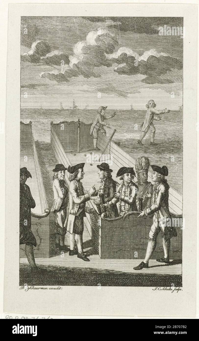 Kolfspel als Allegorie op de Nederlandse en Franse hulp aan Amerika tegen Engeland, 17823 ein Holländer, ein Franzose und ein indianischer Spielkolben in einem versiegelten Flaschenjob. Andere, die spielen wollen, werden abgewehrt, im Hintergrund jagt ein Niederländer einen Engelsmann. Hersteller : Druckerhersteller Johan Christoffel Schultsz (Listed Building) Herausgeber: Dirk Schuurman (Listed Property) Ort Herstellung: Druckmaschine: Northern Netherlands Herausgeber: Amsterdam Datum: 179 Physikalische Merkmale: Ätzmaterial: Papiertechnik: Ätzmaße: Blatt: 186 mm × h 115 b mmToelichtingGebruikt als Illustration in TH Stockfoto
