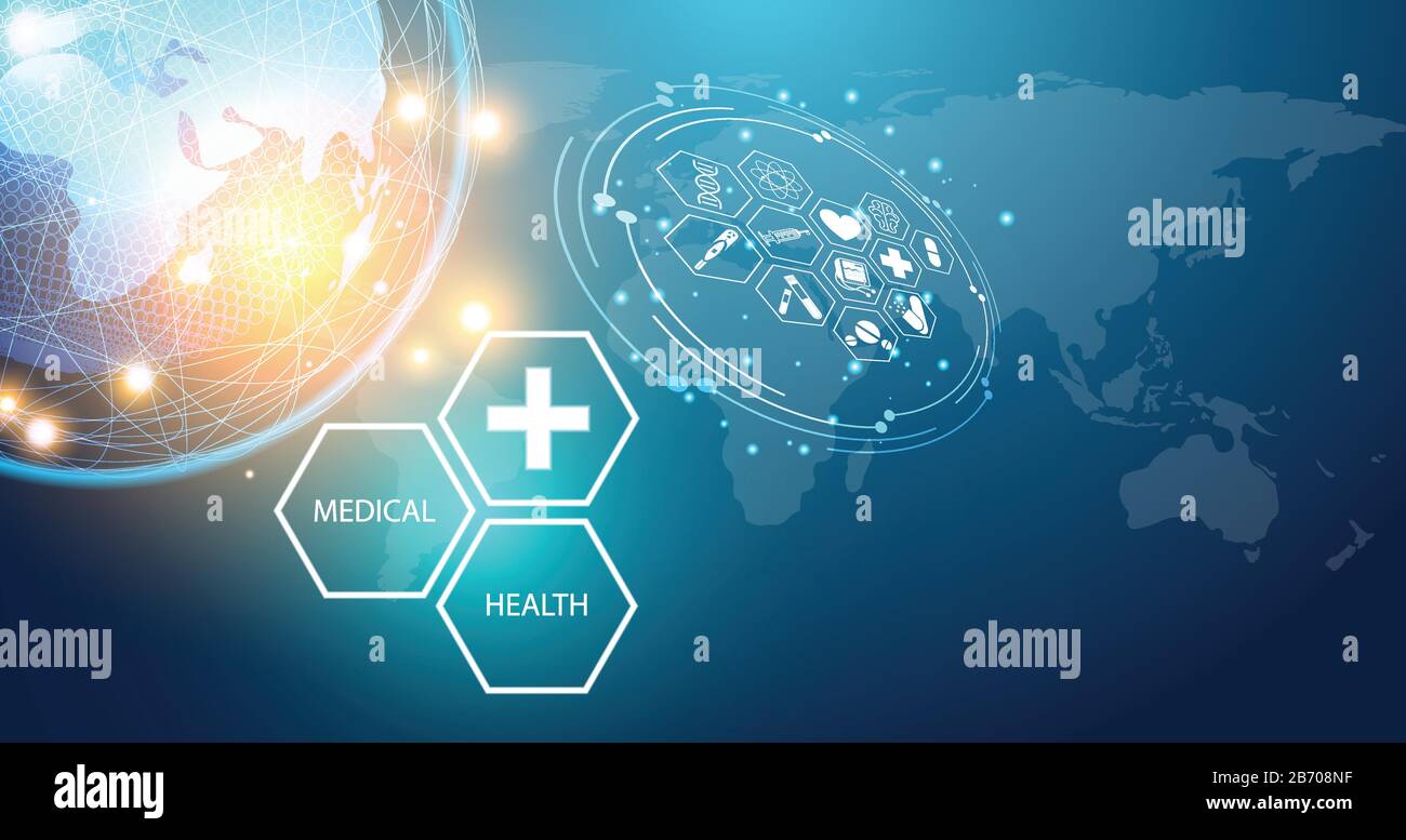 Abstrakte Welt Gesundheitswissenschaft besteht aus Gesundheit plus digitalem Technologiekonzept moderne Medizintechnik, Behandlung, Medizin auf High-Tech Future Blue Backg Stock Vektor