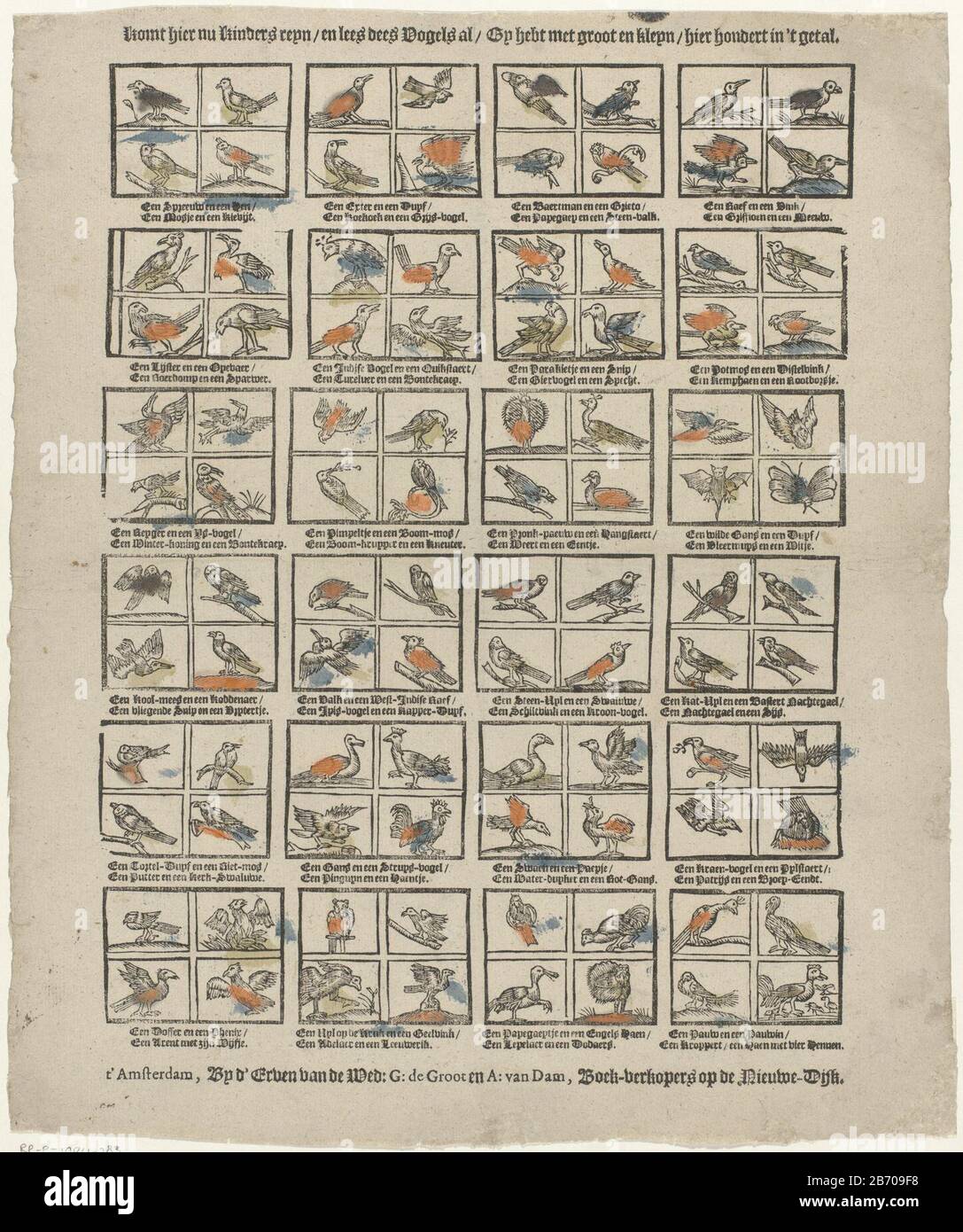 Hier trifft man auf Binders reijn en lees dees Vogels al Gy hebt groot en kleyn hier hondert in 't getal (titel op object) Sheet mit 24 Darstellungen, jeweils viergeflügelten Tieren, wie Vögeln, einer Eule, einer Fledermaus und einem Schmetterling, den sogenannten Groote Birdcage. Unter jeder Aufführung die Namen dieren. Hersteller : Herausgeber: Erven Widow Gijsbert de Groot (denkmalgeschütztes Gebäude) Herausgeber: Anthony van Dam (denkmalgeschütztes Gebäude) Druckerhersteller: Anonymer Ort Herstellung: Amsterdam Datum: 1719 - 1724 Physische Merkmale: In Gelb, Blau und Rot gefärbter Holzschnitt; Textdruckmaterial: Papiertechnik: Holzschnitt / Farbe Stockfoto