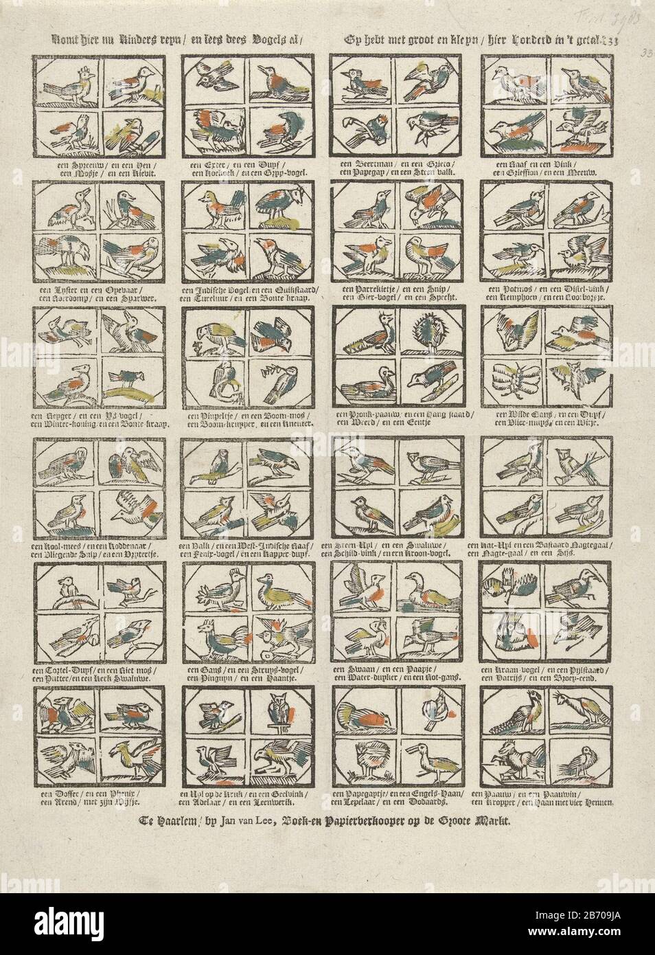 Komm hier nu Kinders reyn en lees dees Vogels al Gy hebt met groot en kleyn hier honderd in 't getal (titel op object) sheet with 24 representations, each four-geflüged Animals, such as birds, an Eule, a bat and a Butterfly, the so genannten. Great Birdcage. Unter jeder Präsentation die Namen der Tiere. Nummer 33. Hersteller : Herausgeber: John Lee (denkmalgeschütztes Gebäude) Druckmaschine: Anonymer Ort Herstellung: Verlag: Haarlem Druck-Autor: Niederlande Datum: 1739 - 815 Physische Merkmale: In Gelb, Grün und Orange gefärbter Holzschnitt; Textdruckmaterial: Papiertechnik: Holzschnitt / Druck / Stockfoto