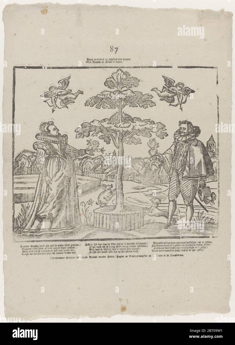 Komt nu vrijers en vrijsters met hoopen Om Leander en Silvia te offen (titel op object) Leaf mit einer großen Darstellung von Leander und Silvia, die auf beiden Seiten eines Baumes stehen. Silvia hat eine Rose in der Hand, Leander ein flammendes Herz. Oben fliegen zwei geknickte Kuppeln, die ihre Pfeile auf Leander und Silvia zeigen. Unter dem Bild ein zweispaltig frisch in drei Spalten. Nummeriert oben Mitte: 87. Hersteller : Verleger: Witwe Hendrik van der Putte (denkmalgeschütztes Gebäude) Druckerhersteller: Anonymer Ort Herstellung: Verlag: Amsterdam Druckautor: Niederlande Datum: 1760-1767 Physische Merkmale: Holzschnitt a Stockfoto Komt nu vrijers en vrijsters met hoopen Om Leander en Silvia te offen (titel op object) Leaf mit einer großen Darstellung von Leander und Silvia, die auf beiden Seiten eines Baumes stehen. Silvia hat eine Rose in der Hand, Leander ein flammendes Herz. Oben fliegen zwei geknickte Kuppeln, die ihre Pfeile auf Leander und Silvia zeigen. Unter dem Bild ein zweispaltig frisch in drei Spalten. Nummeriert oben Mitte: 87. Hersteller : Verleger: Witwe Hendrik van der Putte (denkmalgeschütztes Gebäude) Druckerhersteller: Anonymer Ort Herstellung: Verlag: Amsterdam Druckautor: Niederlande Datum: 1760-1767 Physische Merkmale: Holzschnitt a Stockfoto