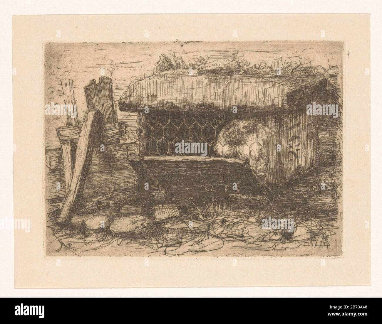 Konijnenhok Im Loft ist ein Kaninchen, zusätzlich zum Loft Lie planken. Hersteller : Druckmaschine: Wally Moes (angegeben am Objekt) Datum: 61-1918 Material: Papiertechnik: Ätzmaße: Plattenkante: H 101mm × W 138 mm Betreff: Nagetiere: Kaninchen Stockfoto