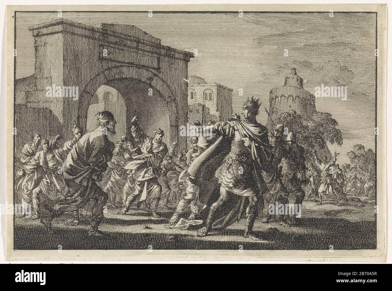 Koning Agrippa wordt door de Joden traf Steenworpen uit Jeruzalem verjaagd König Agrippa von den Juden mit Steinen, die aus Jerusalem geworfen wurden Objekttyp: Bild-Artikelnummer: RP-P-ob-45.209Katalogogusreferentie: Van Eeghen 3235 Aufschriften / Marken: Sammlermarke, Verso,: LUGHERT 28 Hersteller: Lugken Hergestellt: Jan 228 Hersteller: LUGJT 1704 Physikalische Merkmale: Ätzmaterial: Papiertechnik: Ätzmaße: Blatt: 110 mm × h 162 b mmToelichtingPrent auch als Illustration im Buch: Joseph, Flavius. Alle Arbeiten, 2 Teile. Amsterdam: Pieter M. Stockfoto