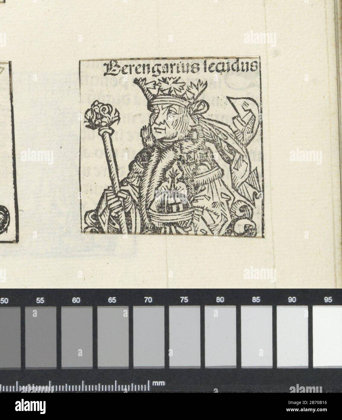 Koning Berengarius II Berengarius lecudus (titel op object) Liber Chronicarum (serietitel) Een bloemkelk met een koning, naar links gekeerd. Hij heeft een rijksappel en een scepter in zijn hands. De voorstelling is onderdeel van de opeenvolging van Italiaanse koningen in de Liber Chronicarum. De tekst identificeert de man als Berengarius II De prent maakt deel uit van een Album. Hersteller : Hersteller: Michel Wolgemut (Atelier van)prentmaker: Wilhelm Pleydenwurff (Atelier van)Plaats Herstellung: Neurenberg dating: 1493 Physical kenmerken: Houtsnede geplact op Albumblad; tekst in boekdrauk; Stockfoto
