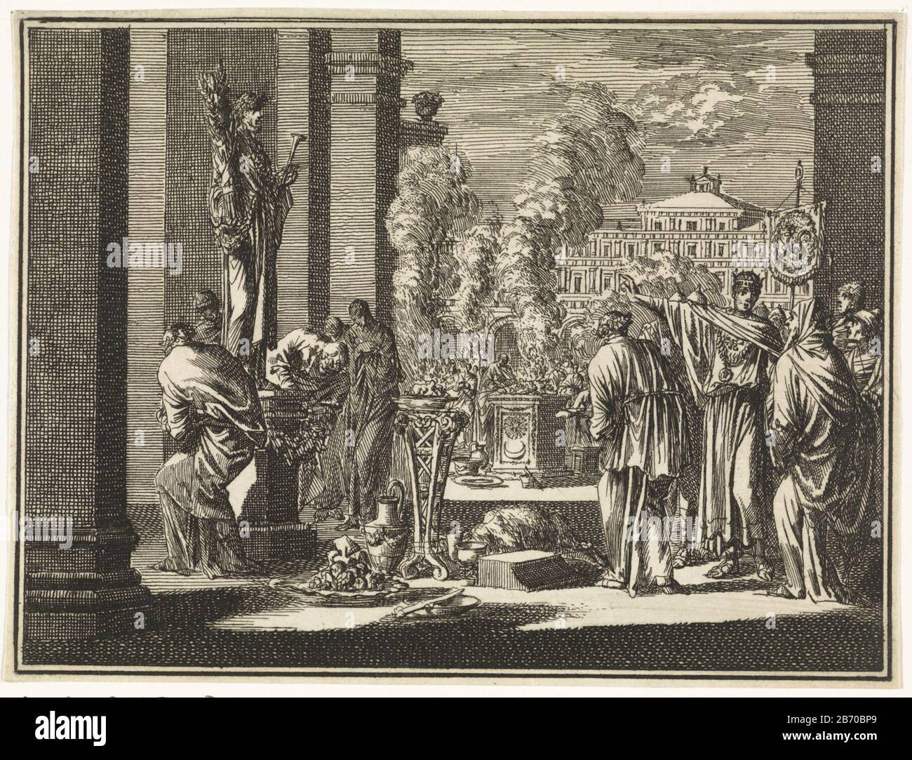 Koning Manasse vertiert een afgodsbeeld King Manasse würdigt einen Idol-Objekttyp: Bild Artikelnummer: RP-P-ob-45.910Catalogusreferentie: Van Eeghen 4206 Aufschriften / Marken: Sammlermarke, Verso, gestempelt: Lugt 2228numer, Verso, Handschrift in brauner Tinte: '156' Herstellungsmerkmale: Jan Place Prinofing: Jan Place Papiertechnik: Ätzmaße: Blatt: H 113 mm × W 149 mmToelichtingIllustratie Out: Luyken, Jan Die schriftuurlyke Historien und Gelyk-Nischen der Alten und neuen Bündnisse, 2 Teile. Amsterdam: Mi Stockfoto