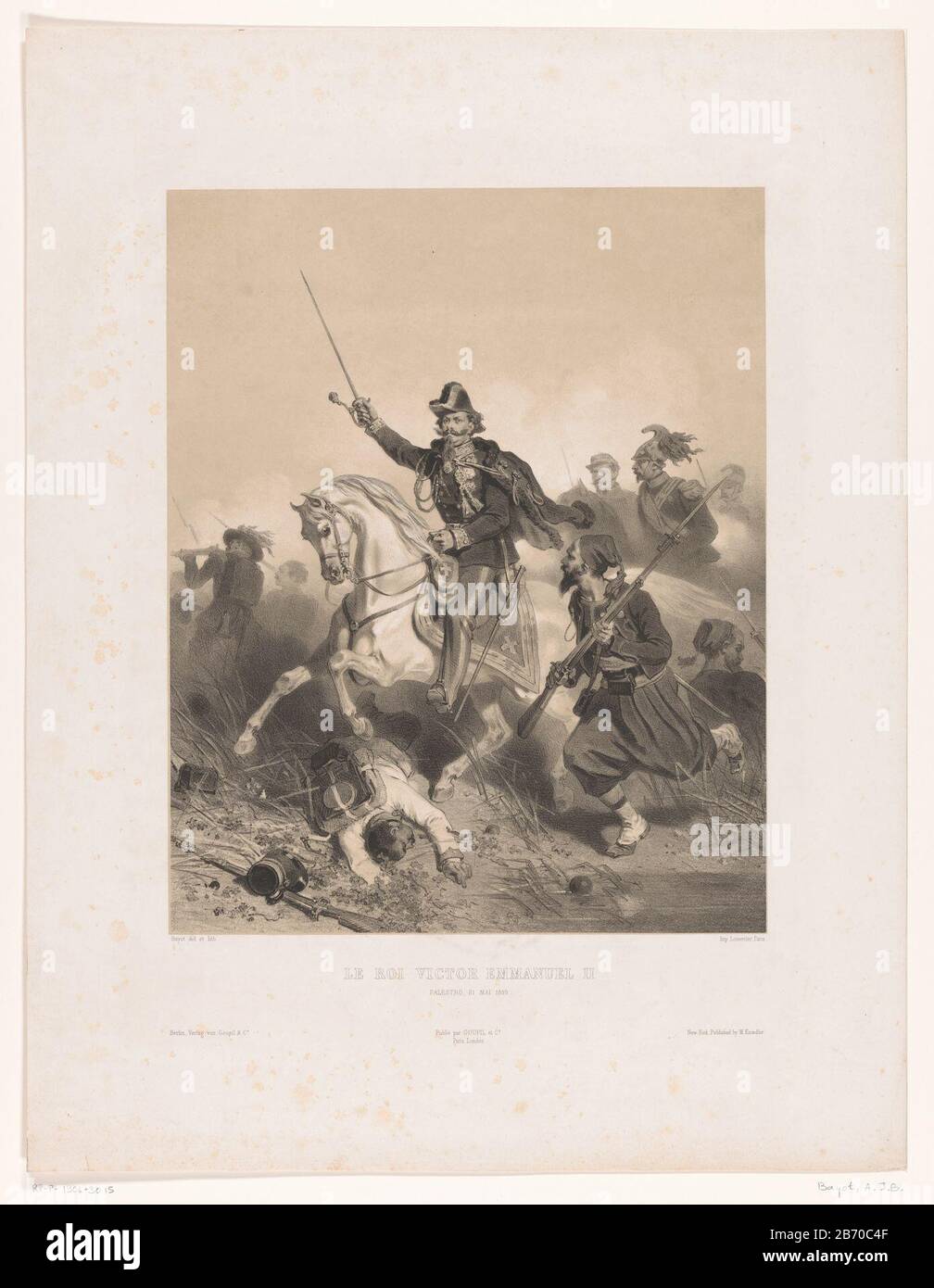 König Victor Emmanuel II. Von Italien in der Schlacht PalestroLe roi Victor Emmanuel II (Titel des Eigentums) Objekttyp: Bild Artikelnummer: RP-P-1904-3015Catalogusreferentie: IFF après 1800 166 Aufschriften / Marken: Blindstempel, Recto, geprägt: Lugt 1090 Sammlermarke, Verso, gestempelt: Lugt 2228A Hersteller: Druckmaschine: Druckmaschine: Adolphe Jean Baptiste Bayot (denkmalgeschütztes Gebäude) Drucker: Joseph Rose Lemercier (denkmalgeschütztes Gebäude) Herausgeber: Goupil & Cie (denkmalgeschütztes Gebäude) Herausgeber: M. Knoedler (denkmalgeschütztes Eigentum) Ort Herstellung: Drucker: Paris Herausgeber: Paris Herausgeber: New York Datum: 1859 Material: PA Stockfoto
