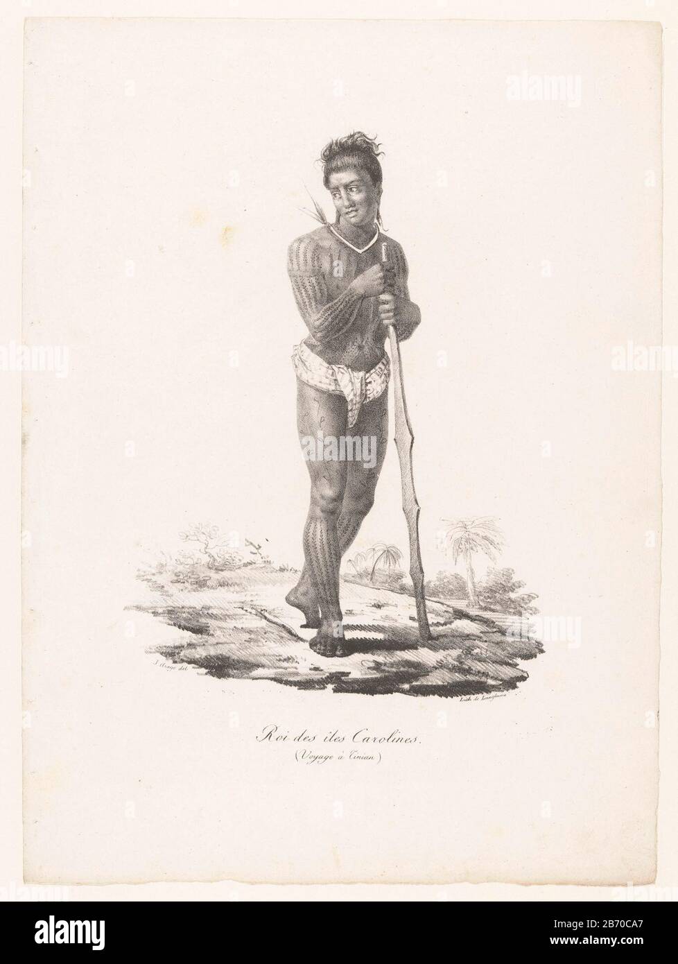 König der Caroline EilandenRoi des Iles Carolines (Voyage à Tinian) (Titelobjekt) Welttournee mit der Uranie und Physicienne, 1817-1020 (Serientitel) Immobilientyp: Bilderbuch-Illustration Artikelnummer: RP-P- 1908-647Katalogusreferenie: Beraldi 2 Aufschriften/Marken: Sammlermarke, verzettelung, 228 gestempelt: Hersteller: 229 Druckerhersteller Jacques Etienne Victor Arago (denkmalgeschütztes Gebäude) Drucker: Pierre Langlumé (denkmalgeschütztes Eigentum) Herstellung: Paris Datum: 181-24 Material: Papiertechnik: Lithographie (Technik) Abmessungen: Blatt: H 360 mm × W 266 mmToelichtingPrent verwendet für: Arago Stockfoto