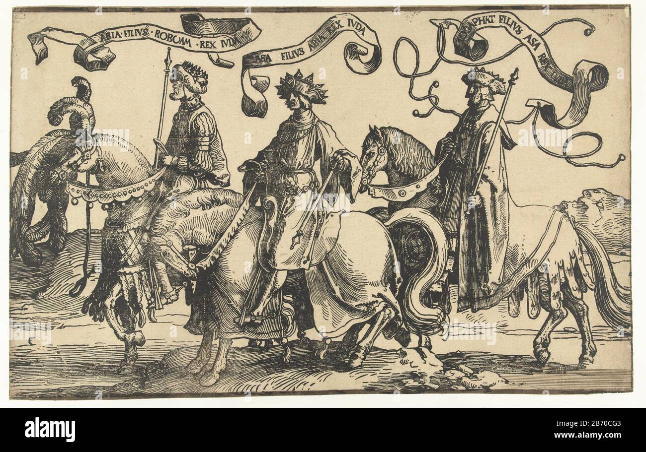 Einer von vier Holzschnitten, ein Teil des Frieses mit den Königen Israels. Abia, Asa und Jehoshaphat zu Pferd. Vor allem drei Bandnamen und Toenaam. Hersteller : Druckerhersteller Lucas van Leyden Druckautor: Jacob Cornelisz. Von Oostsanen (zurückgewiesene Zuschreibung) Ort Herstellung: Niederlande Datum: 1518 - 1522 Physikalische Merkmale: Holzschnitt aktualisiert mit Pinselmaterial: Papiertechnik: Holzschnitt / Bürstenabmessungen: Blatt: H 324 mm × W 515 mm Betreff: Die Könige Israels und Juda  das Alte Testamente (nicht im biblischen Kontext) männliche Personen aus dem Alten Testamente (mit NAMEN) (nicht im biblischen Kontext) männliche Personen fr Stockfoto