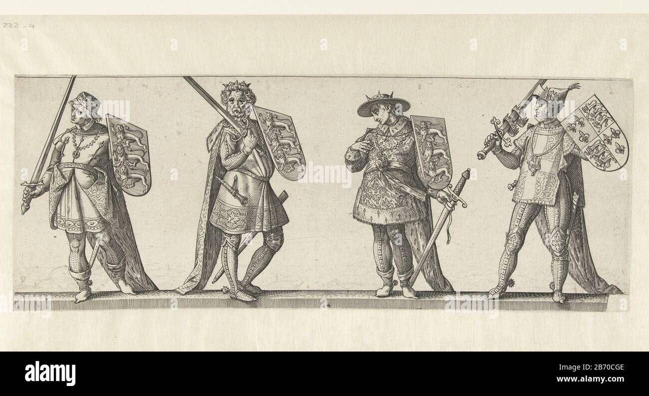 Koningen Hendrik III, Edward I, Edward II en Edward III Koningen en koninglen van Engeland (serietitel) Vier Männer mit Armen und Schwere d. Der König ganz rechts hat zwei Kronen für sein Schwert. Im Hintergrund eine verschwommene Landschaft. Dieser Druck ist Teil einer achtteiligen Serie von Drucken der Könige und Königinnen Englands (unnummerierte Titelseite und sieben nummerierte Drucke von zwei bis vier Figuren) . Hersteller : Druckhersteller: Hendrick Goltzius Nach eigenem Entwurf von: Hendrick Goltzius Verlag: Hendrick Goltzius Herstellung: Haarlem Datum: 1584 Physikalische Eigenschaften : Fahrzeugmaterial: Papiertechnik: Eng Stockfoto