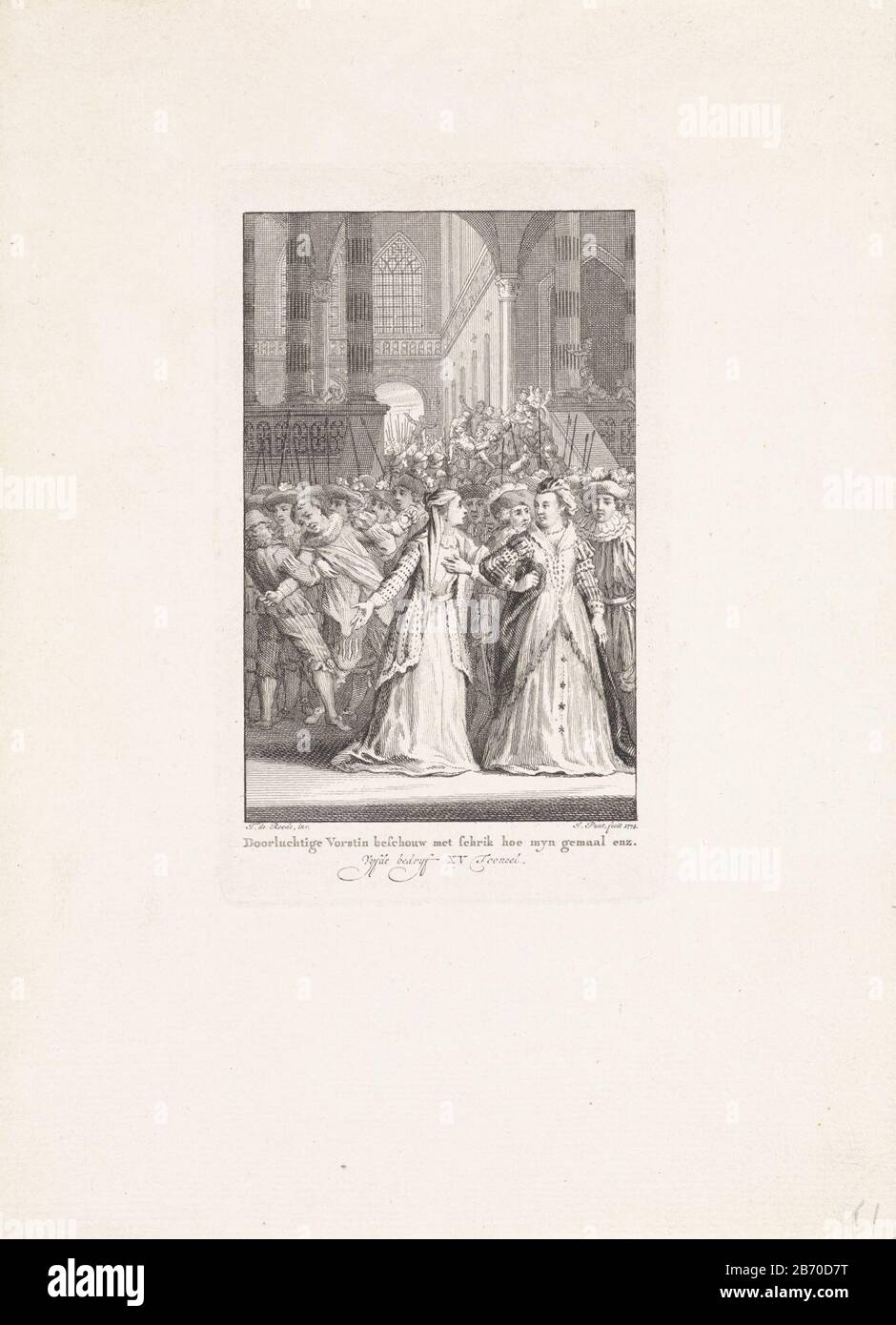 Koningin traf in Gesprek auf een hofdame Doorluchtige Vorstin beschouw traf in einer Kirche mit einem wütenden Mob auf Schrik Hae myn gemaal enz (titel op object) eine Magd, die sich bei der Königin beschwerte, weil ihr Mann von Soldaten weg sei. Szene des fünften Aktes des Stücks Herzog Wilhelm der Vijfde. Hersteller : Druckerhersteller Jan Point (Listed Property) von Theodorus de Roode (Listed Property) Hergestellt Ort: Amsterdam Datum: 174 Physikalische Merkmale: Ätz- und Engra-Material: Papiertechnik: Ätzung / Engra-Messungen (Druckverfahren): Plattenkante: H × 150 mm b 91 mmToelichPtingPrent als Illu verwendet Stockfoto