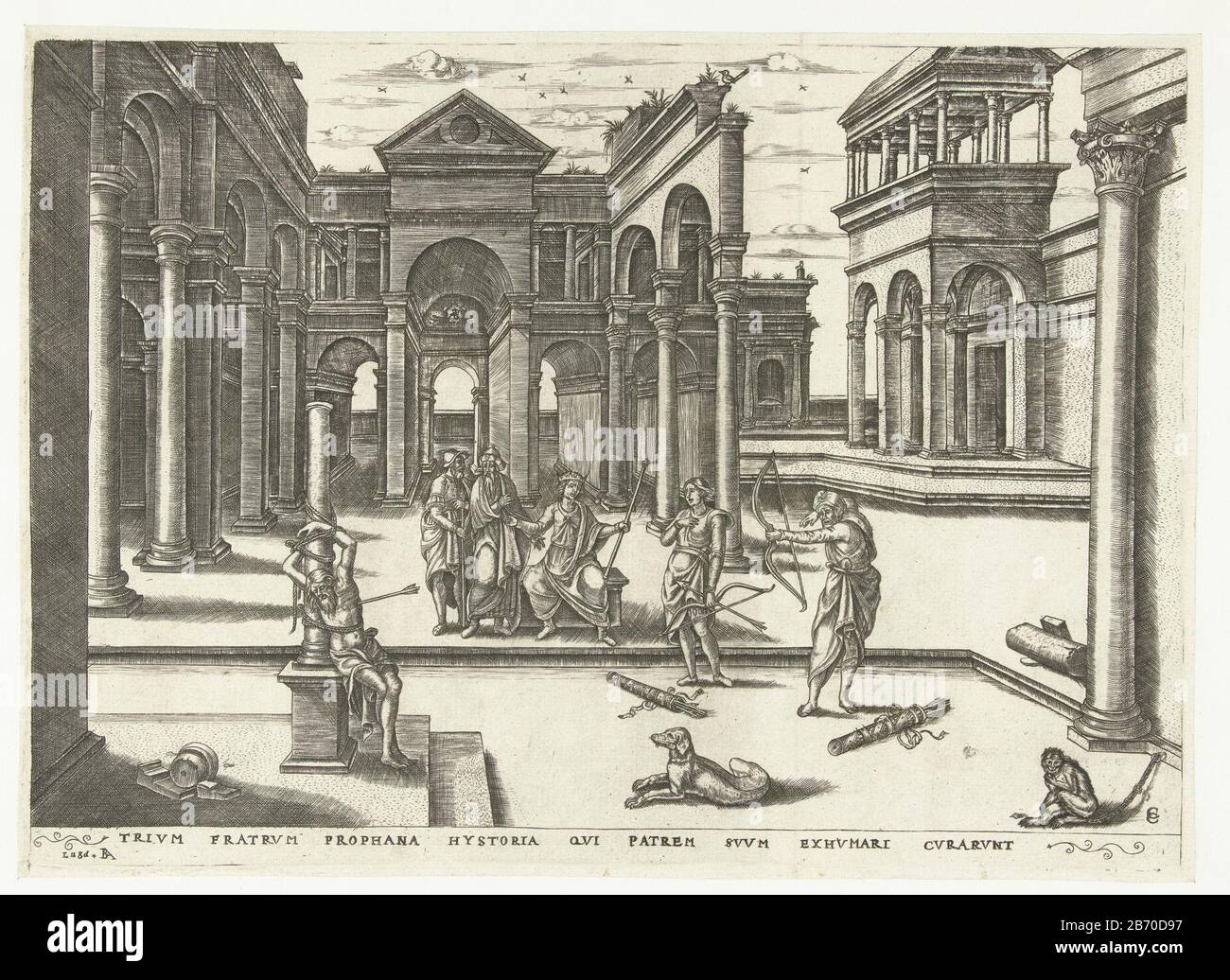 Koningszonen schieten op het lichaam van hun vader Zwei Männer mit Bogen und Pfeil, die beide den Sohn des Königs sagen. Man schießt auf den toten Körper des Königs, der an eine Säule gebunden ist. Der andere, der wahre Erbe, tut es nicht. Das Gericht sitzt und zwei weitere Figuren sehen Zehe aus. Hersteller: Druckmaschine: Monogrammist CC (Frankreich) (denkmalgeschütztes Gebäude) Druckmaschine: Corneille de Lyon (möglich) Herstellung: Frankreich Datum: 1536 - 1557 Physikalische Merkmale: Fahrzeugmaterial: Papiertechnik: Engra (Druckverfahren) Abmessungen: Plattenkante: H 225 mm × W 315 mm Betreff: Schießen auf die Leiche des Vaters: Zwei rivalisierende Armeen sind dafür Stockfoto