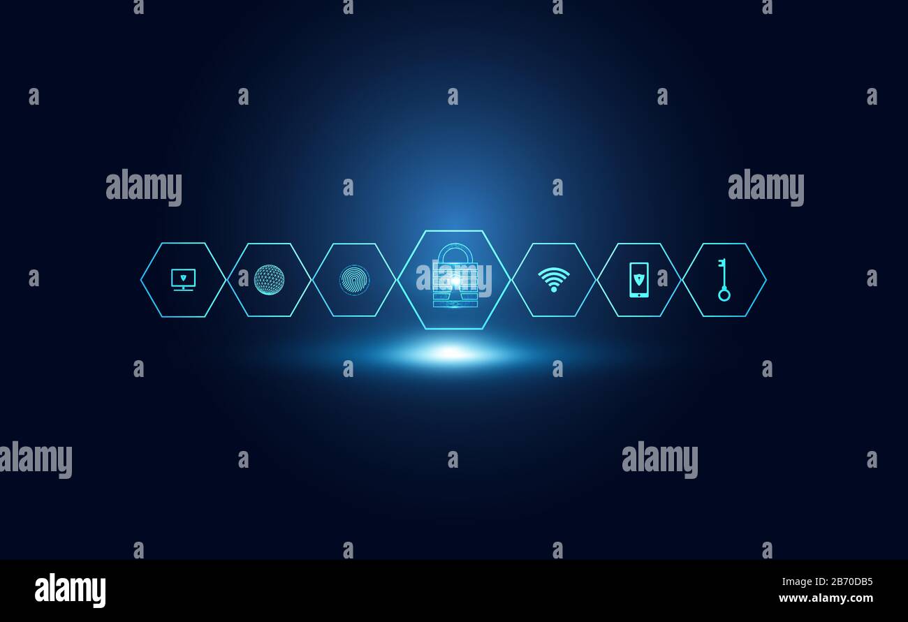Abstrakte Cyber-Sicherheit mit blauem Vorhängeschloss und Kreistechnologie Zukünftiger Cyber-Hintergrund. Stock Vektor