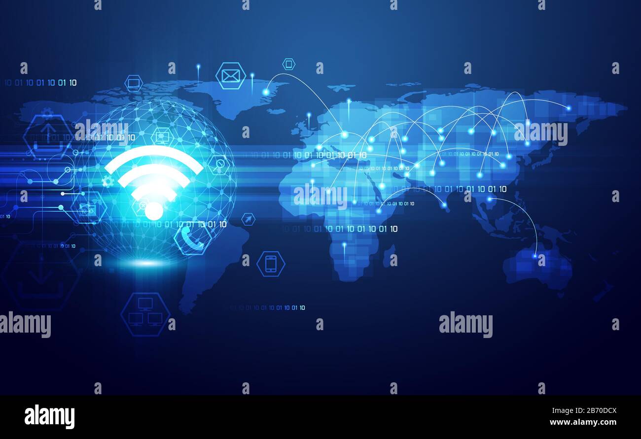 WLAN-Symbol abstrakte Datenübertragung Big Data futuristische Technologie Hintergrund mit Icon Business Connection und Kommunikation in MAP Digital Stock Vektor