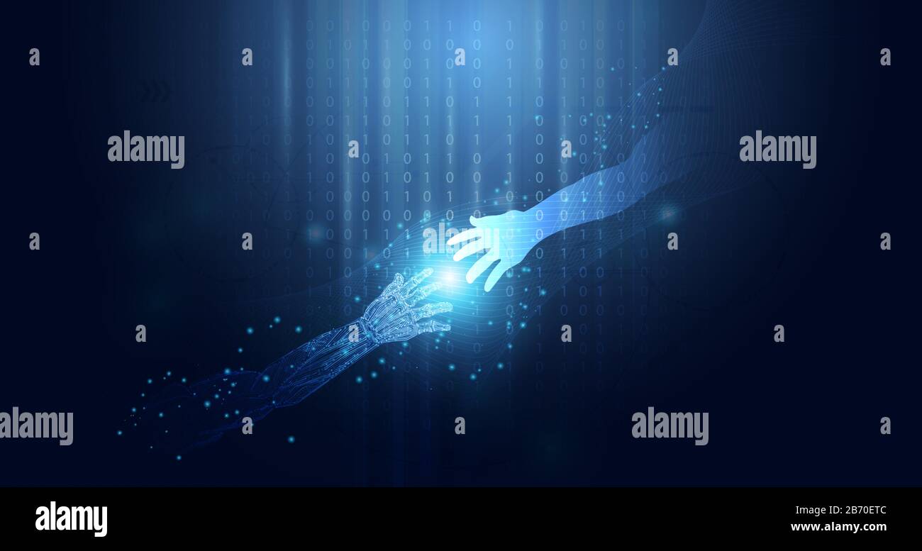 Abstrakte Technologie ai Konzept Technologische Zusammenarbeit von menschlicher und künstlicher Intelligenz auf dem Hintergrund binär blau futuristisch Hightech modern Grad Stock Vektor