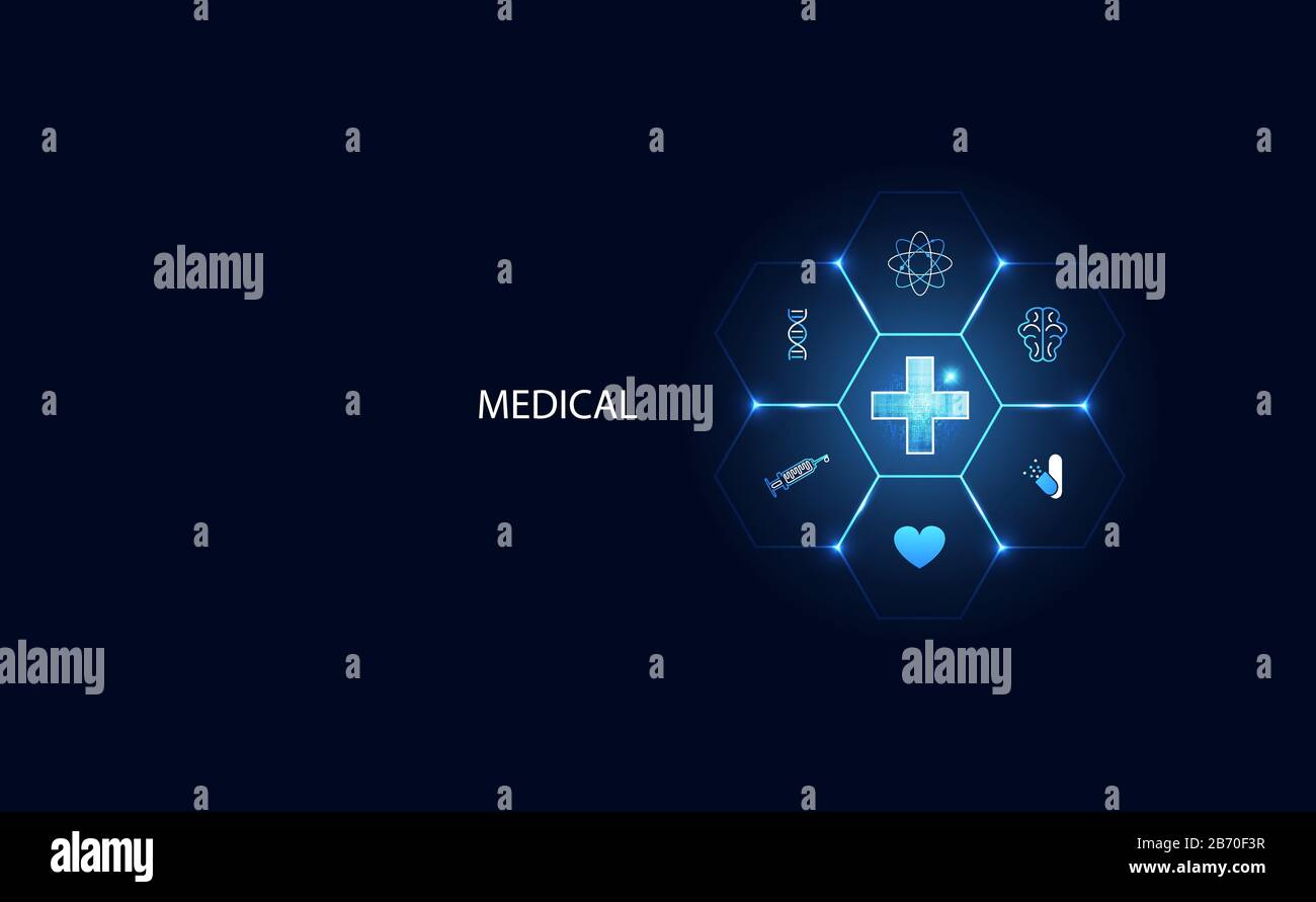 Blaues abstraktes Bild mit futuristischer moderner Wissenschaft, Die blau und hell ist, positivem Gesundheitskonzept Für die Medizin und mit Ikonen wie Atom, Brai Stock Vektor
