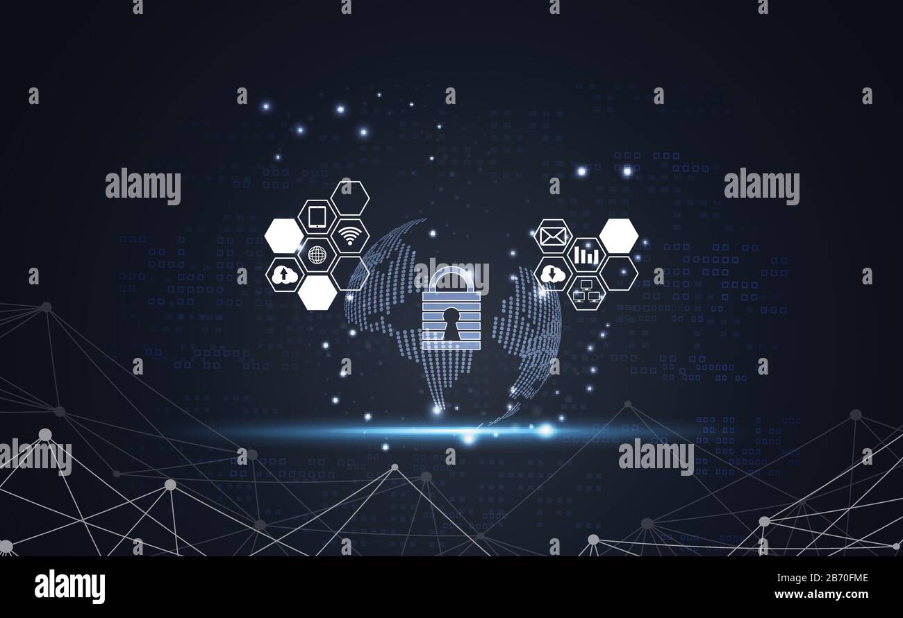 Abstrakte Technologie Welt Cyber Sicherheit Privatsphäre Symbol Information Netzwerk Konzept Vorhängeschloss Schutz digitales Netzwerk Internet-Link auf High-Tech blau fut Stock Vektor