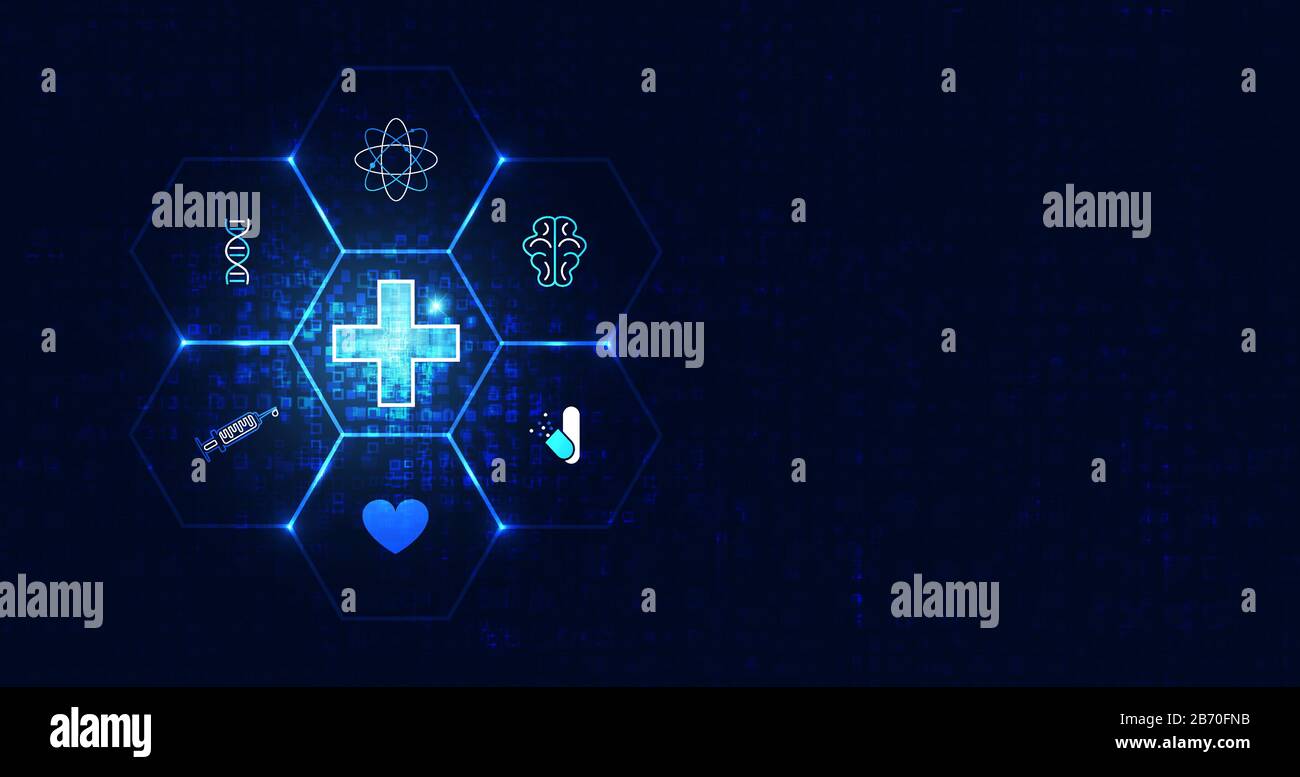 Blaues abstraktes Bild mit futuristischem modernen Wissenschaftskonzept Für Medizin und mit Ikonen wie Atom, Gehirn, DNA, Spritze, Medizin, Herz, Hintergrund i Stock Vektor