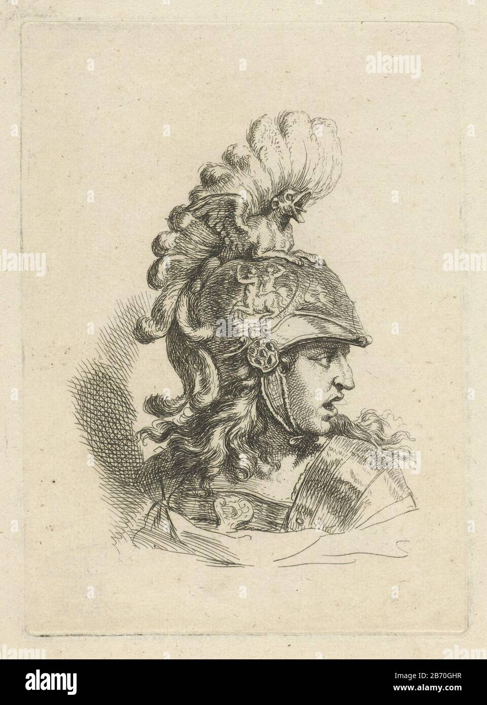 KOP van Minerva, der Kopf von Minerva, profiliert und nach rechts gewendet, in reich verziertem Helm. Hersteller : Druckmaschine: Gerard de Lairesse Datum: 1670 Physikalische Merkmale: Radierung; Proofmaterial: Papiertechnik: Ätzmaße: Plattenkante: H 146 mm × W 105 mm Betreff: Darstellungen  Göttinnen, Demi-Göttinnen, re-ines usw. (mit NAMEN) (römische Religion) (Geschichte von) Minerva (Pallas, Athena) Stockfoto