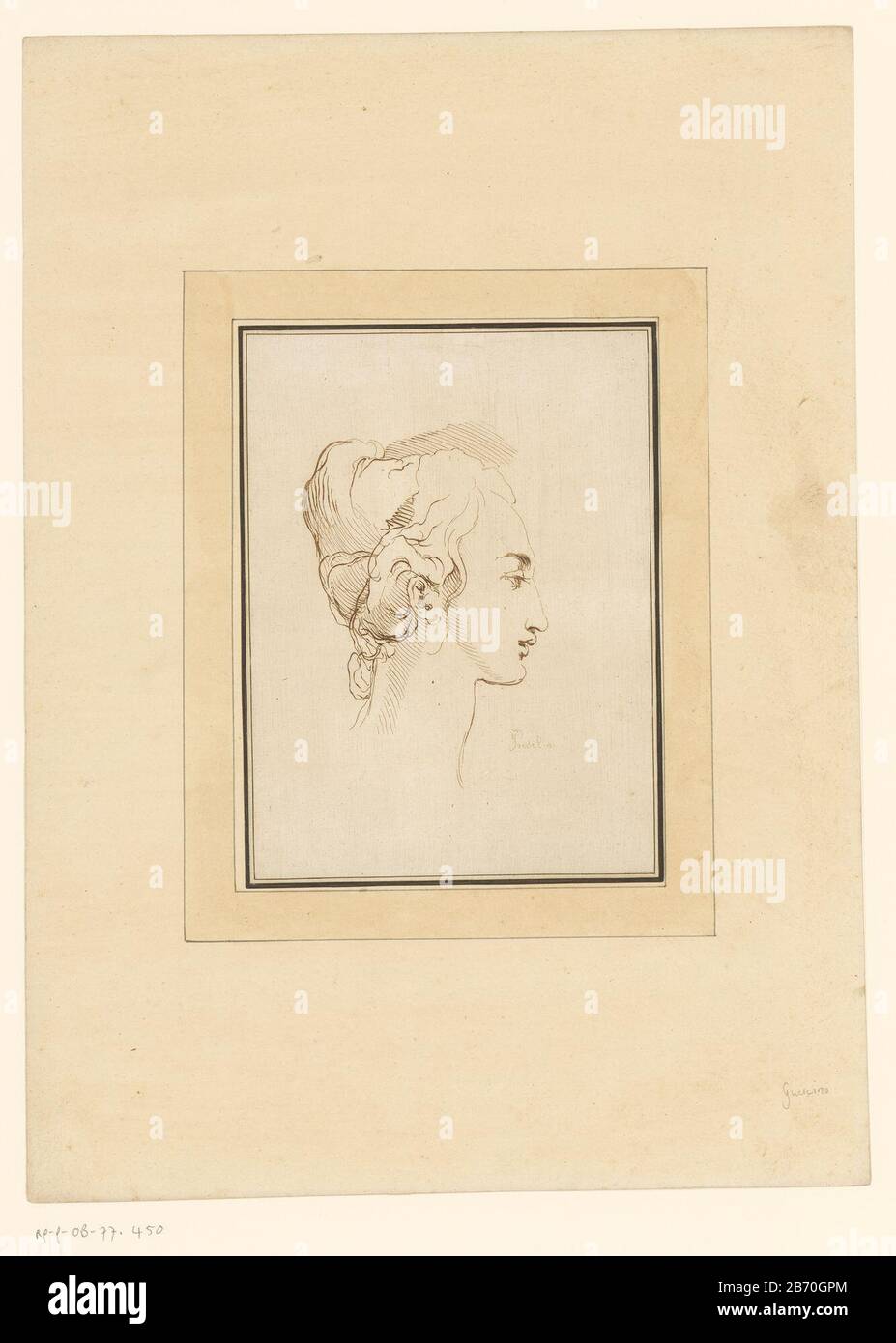 KOP van een jonge vrouw Kop van een jonge vrouw Objektart : prent prenttekening Objectnummer: RP-P-ob-77.450 Inscriptions / Merken: Sammlermarke , verso, gestempelt: Lugt 2228 Hersteller : Prentmaker: Johann Giovanni Prestelnaar ontyp van: Guerckenkinken Physical: Johann 1783. Prentekening in ets in Bruin plaattoon in grijs Material: Papier Techniek: Etsen / prenttekening / klurendruk / plaattoon Abmessungen: Blad: H 233 mm (binnen de plaatrand afgesneden) × b 173 mm (binnen de plaatrand afgesneden)Toelichteness 25 Stockfoto
