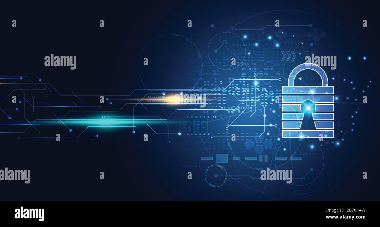 Abstrakte Technologie Hexagon Digital Cyber Security Datenschutz Netzwerkkonzept Vorhängeschloss Schutz digitaler Netzwerkinternet-Link auf Hi-Tech blu Stock Vektor