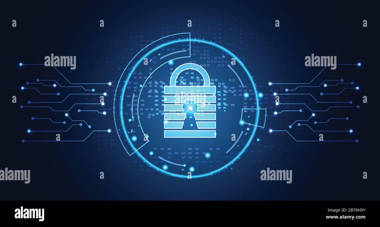 Abstrakte Technologie Cyber Security Datenschutz Netzwerkkonzept Vorhängeschloss Schutz digitales Netzwerk Internet-Link auf High-Tech Blue Future Backgro-Technologie Stock Vektor