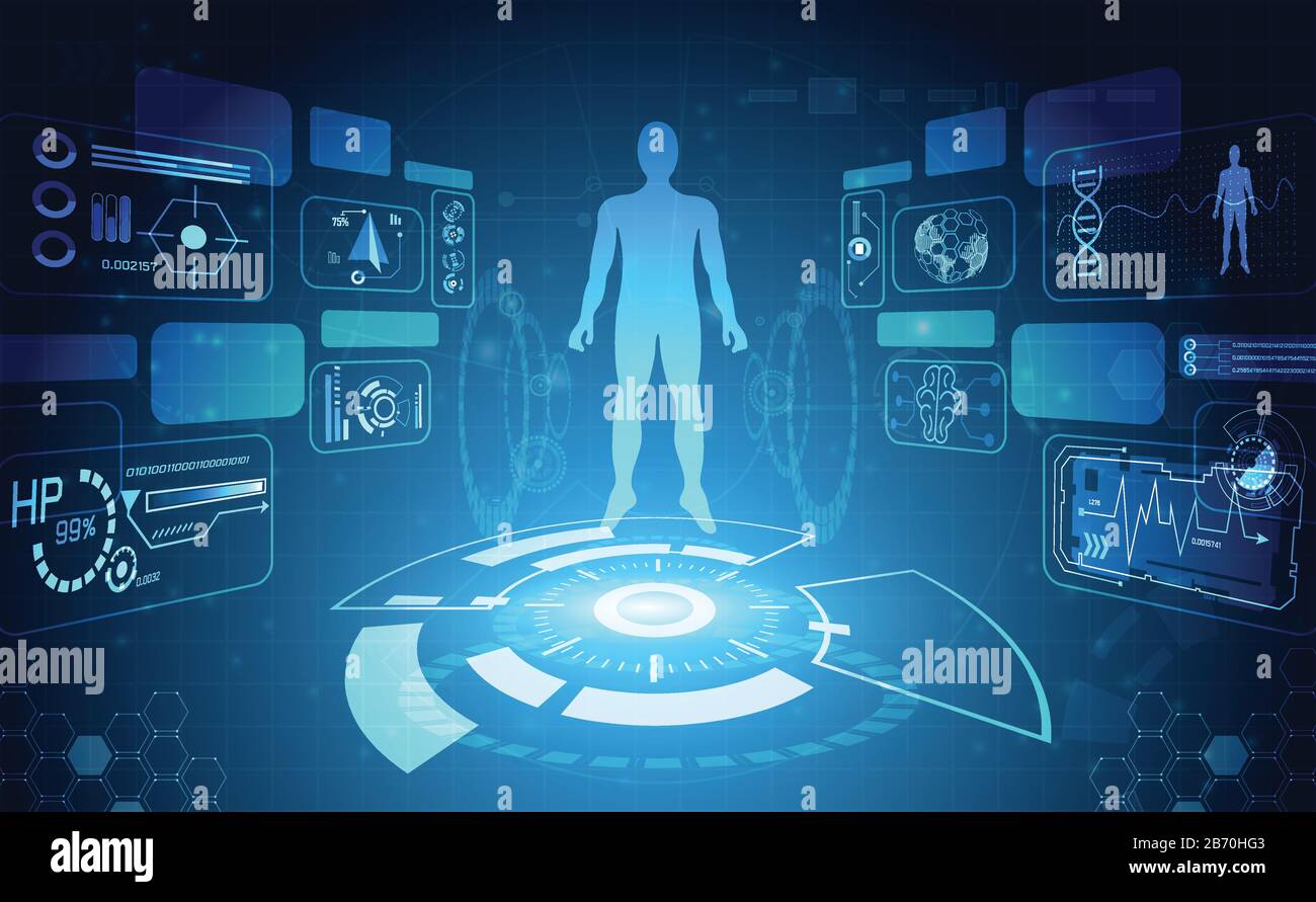 Abstrakte Technologie Wissenschaftskonzept Human Data Health Digital: hud-Schnittstellenelemente der medizinischen Analyse Fingerabdruck, Gehirn, DNA und Vitalität in Prozent Stock Vektor